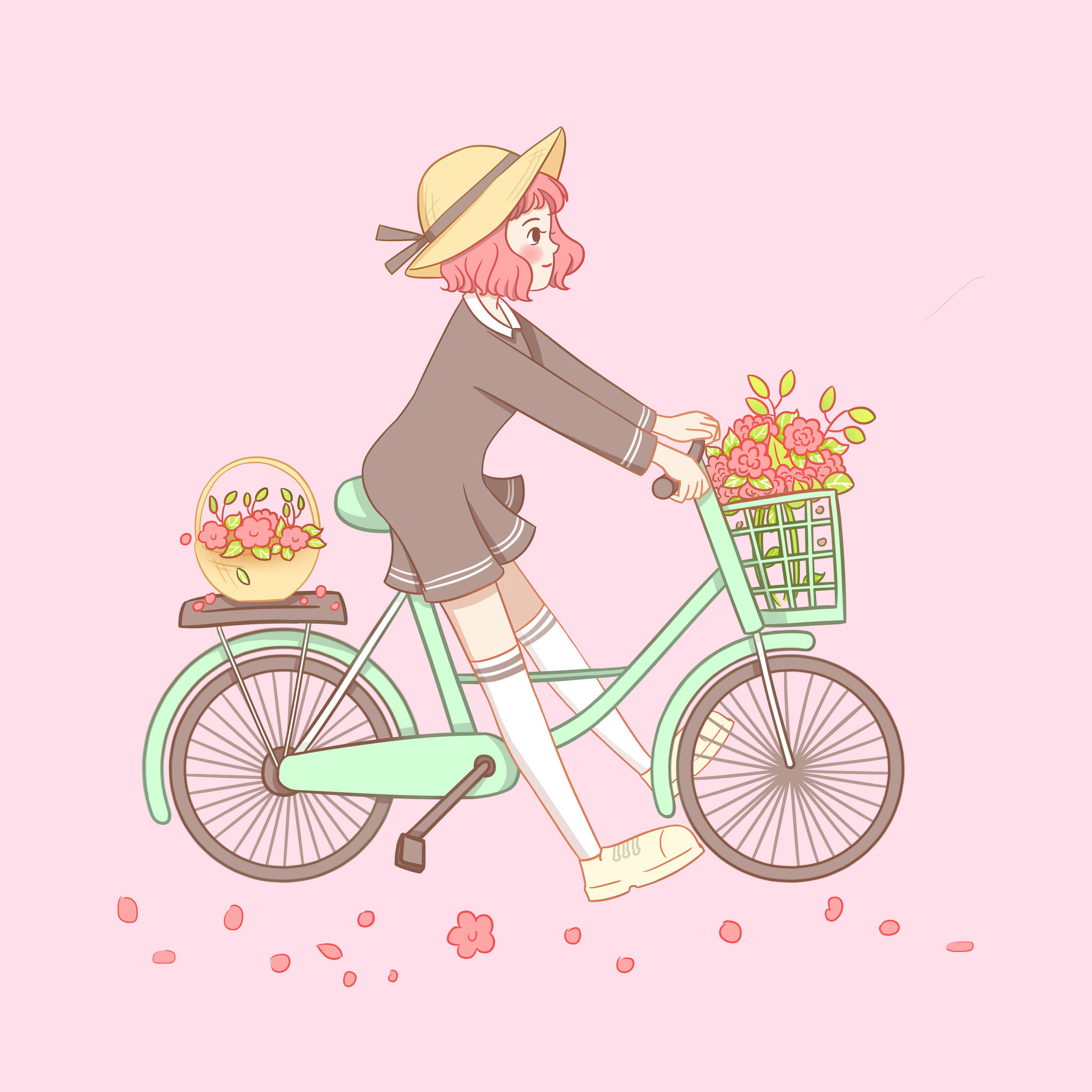 骑自行车的少女插画