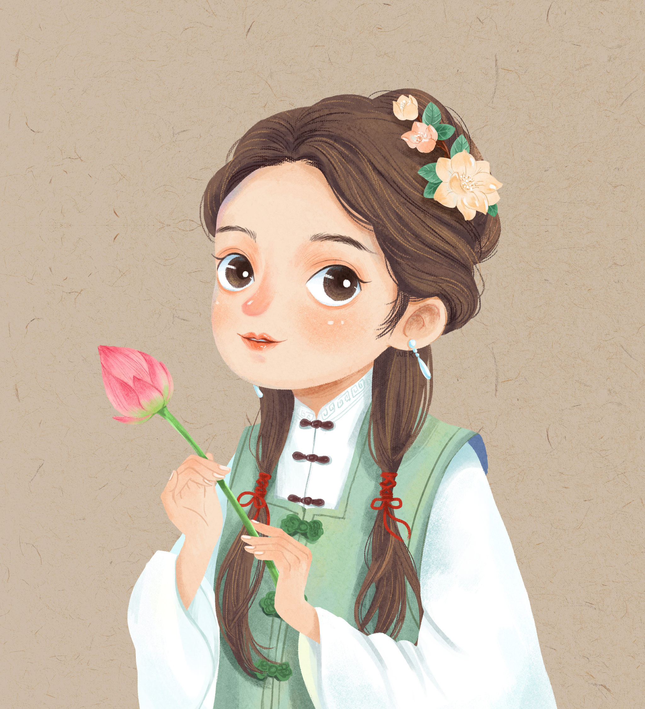 古风卡通女子插画采莲