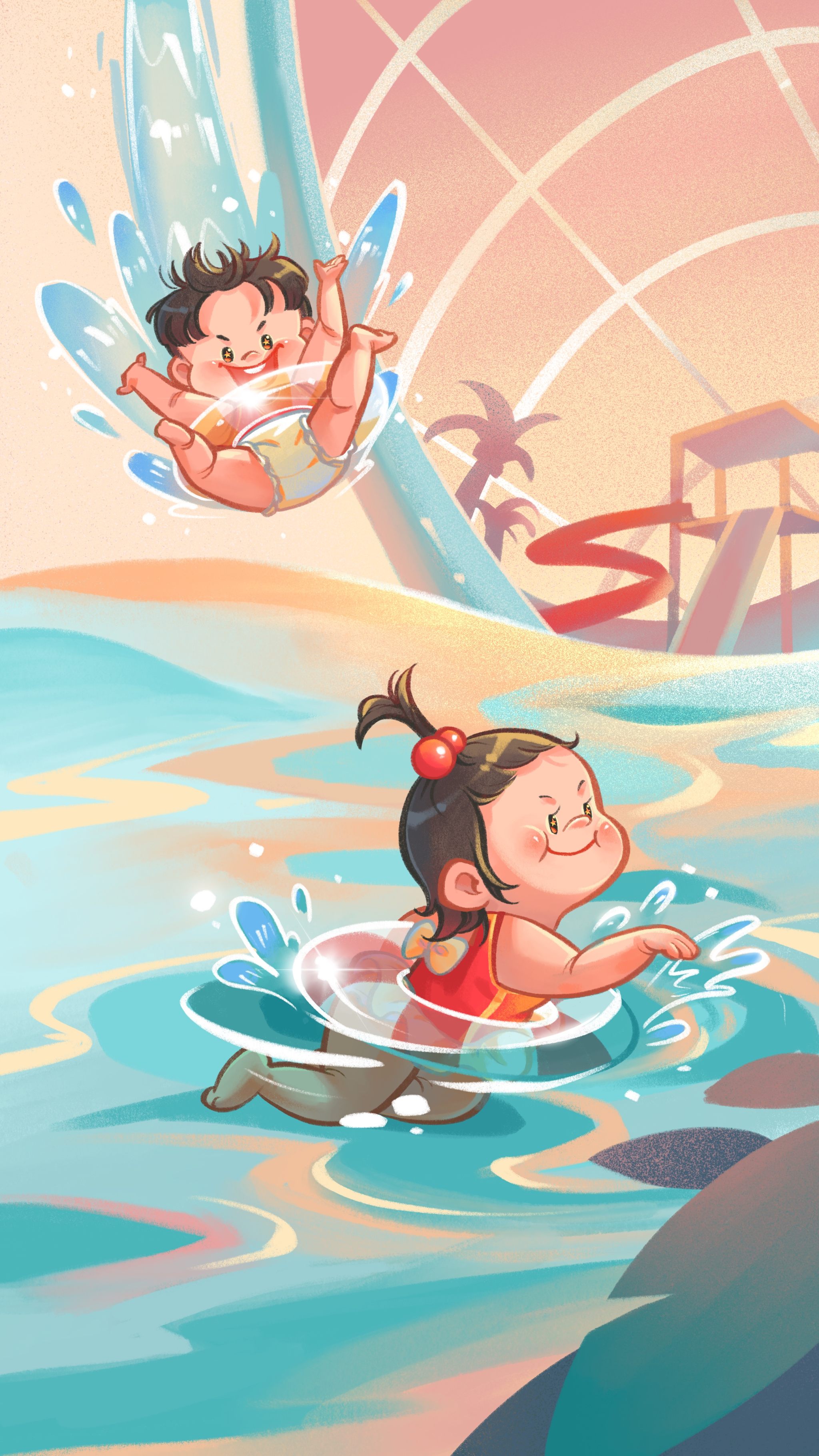 女宝男宝在水上乐园游泳滑滑梯跳水