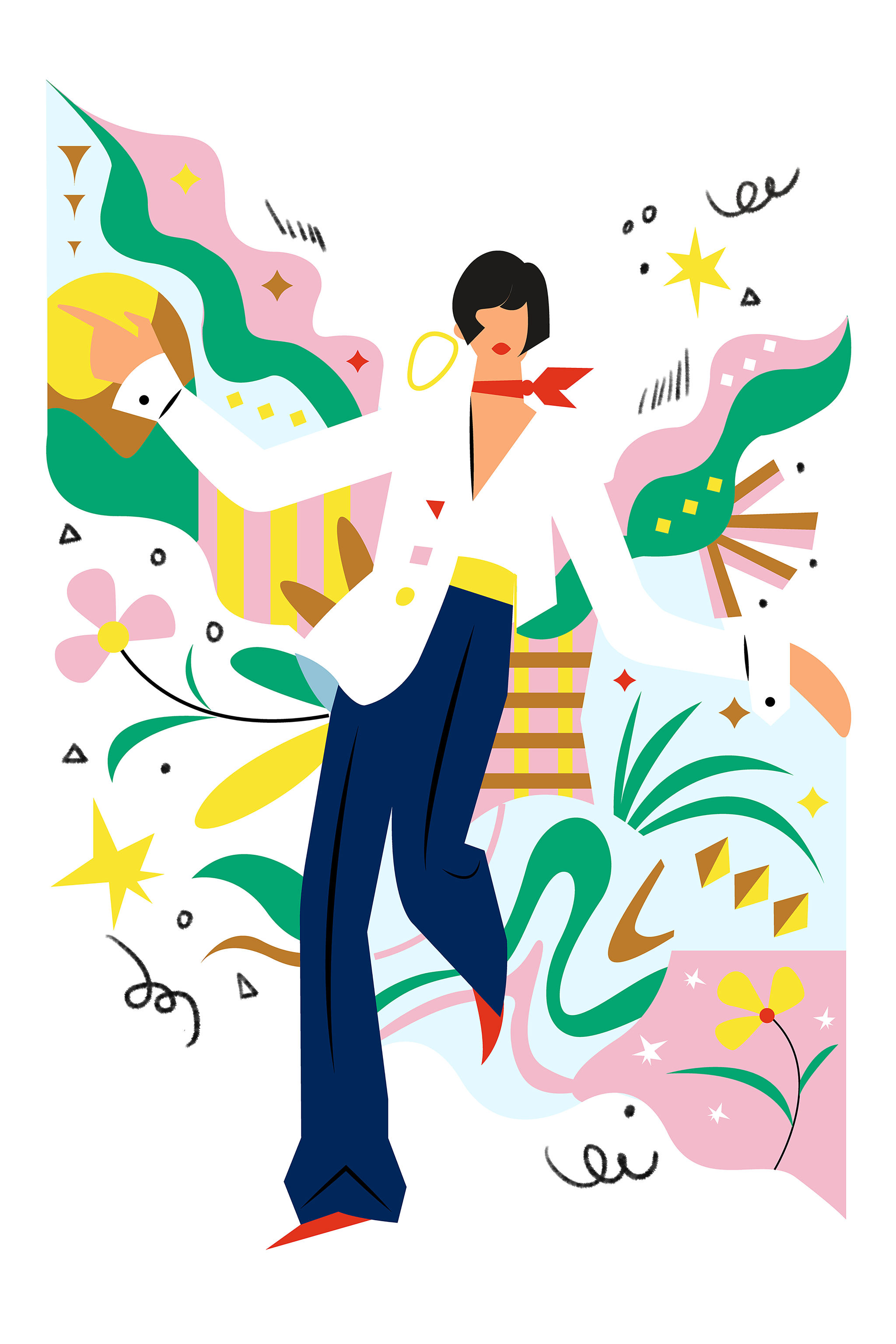 时尚少女植物扁平风插画