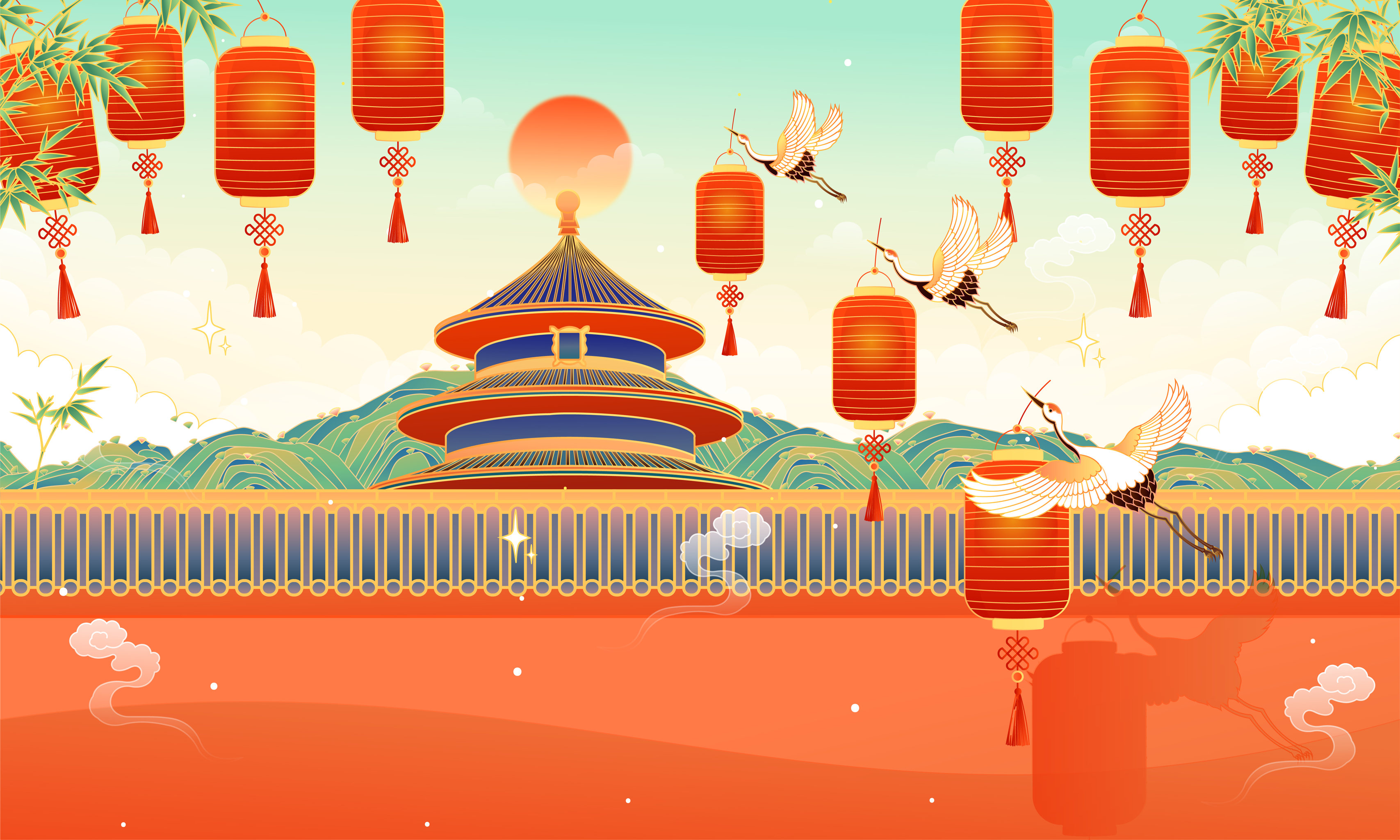 新年北京国风复古天坛古建筑矢量插画