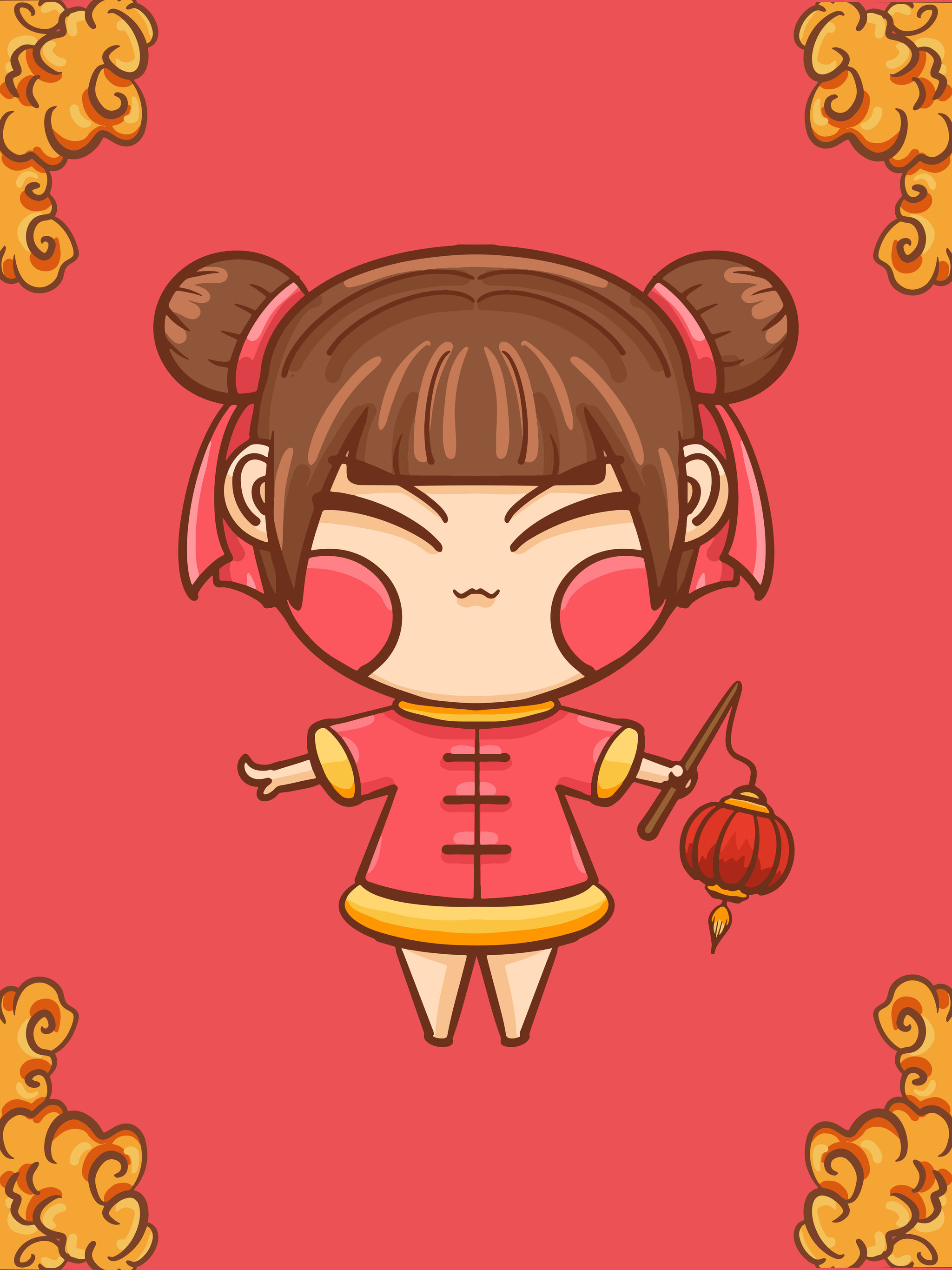 手绘卡通新年童女插画设计