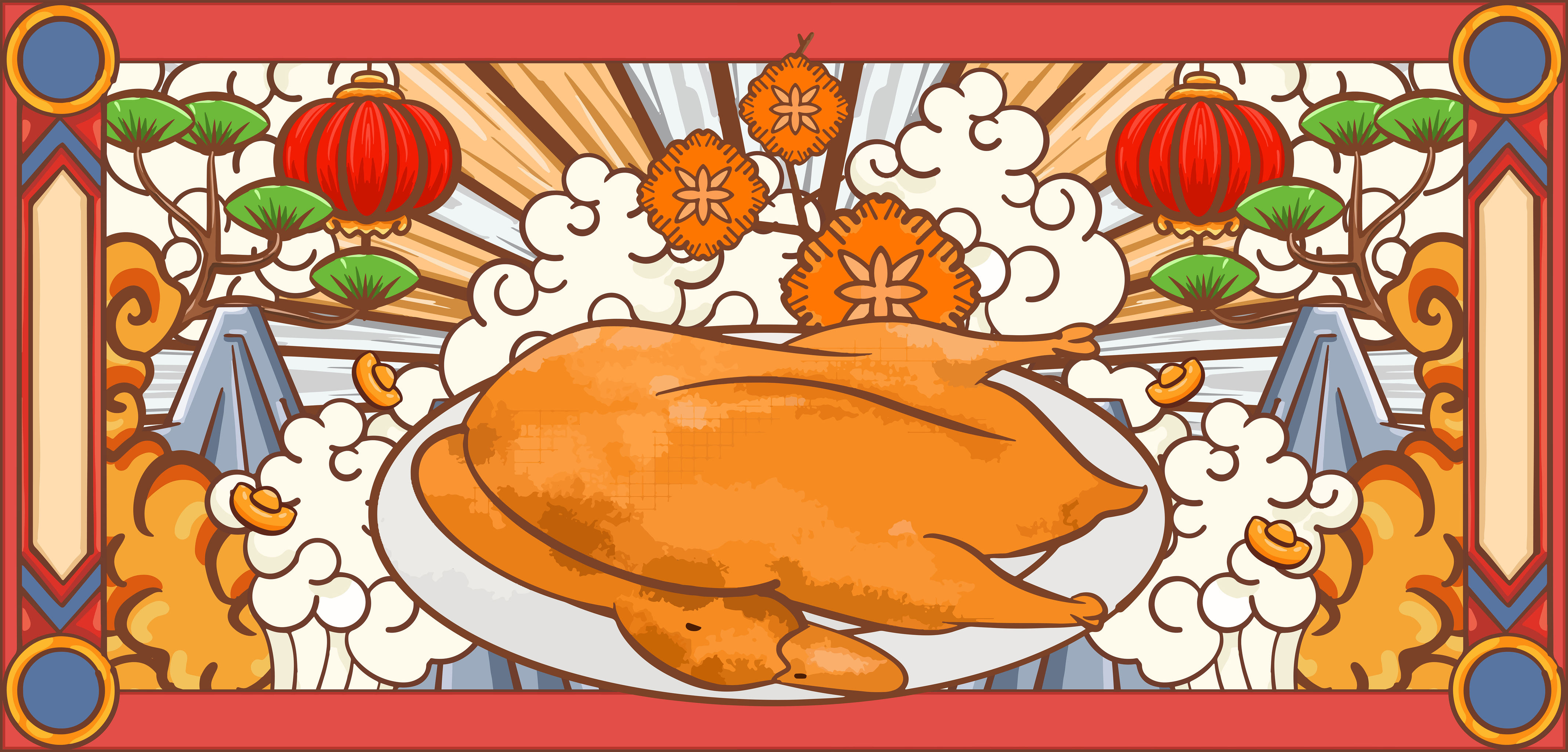 手绘卡通北京烤鸭美食插画设计