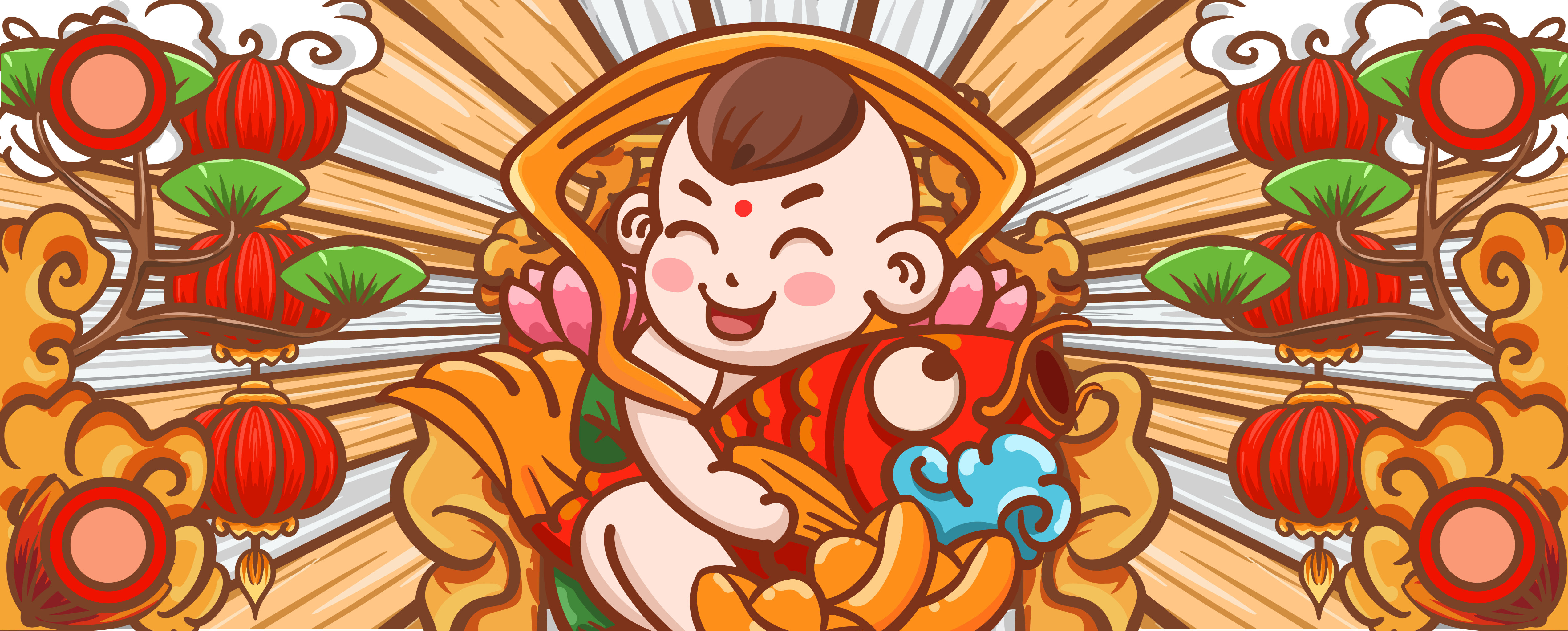 手绘卡通国潮年画娃娃插画设计