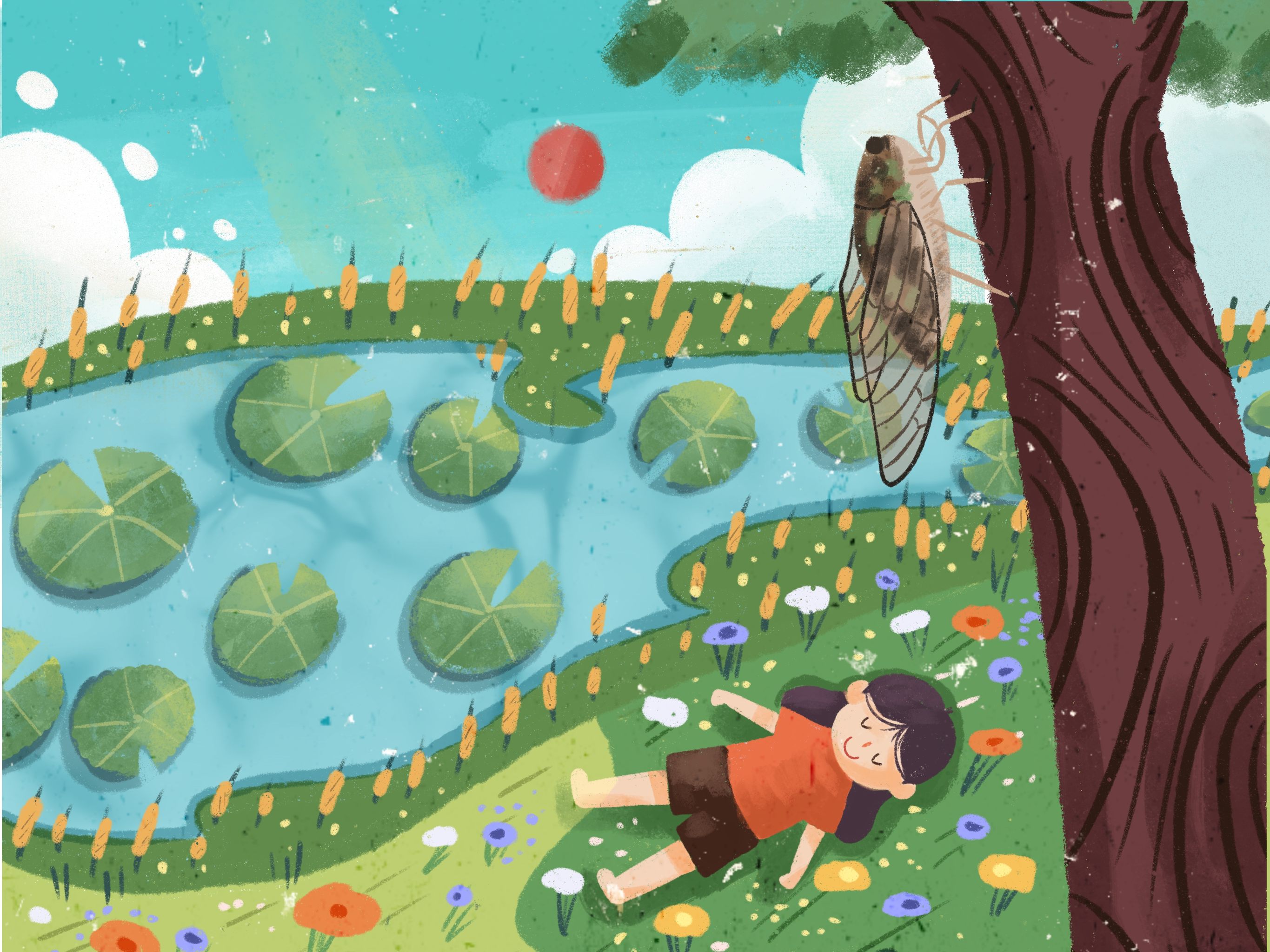 大暑24节气小女孩躺在河边草坪上乘凉