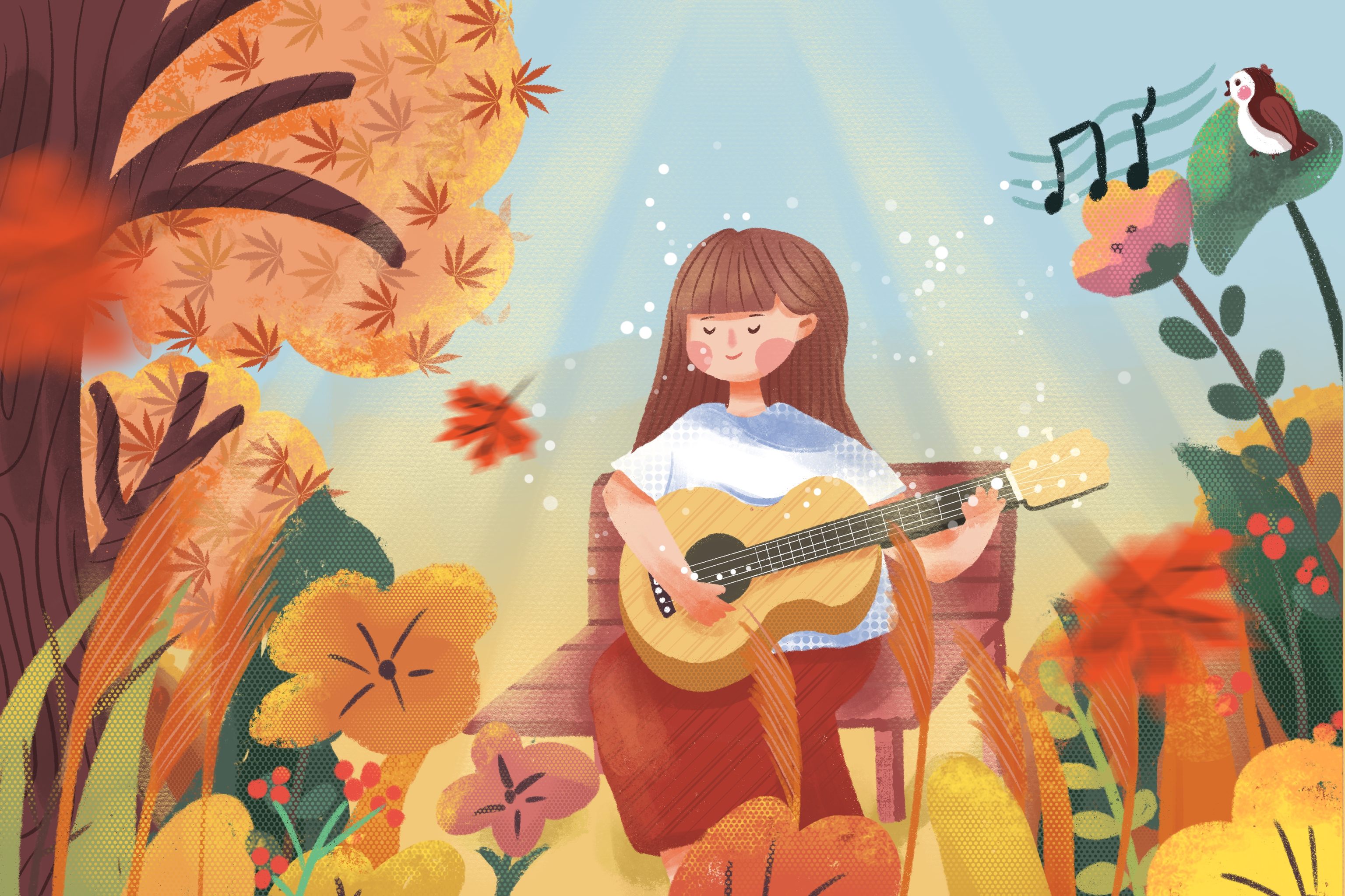 节气立秋女孩树下弹吉他