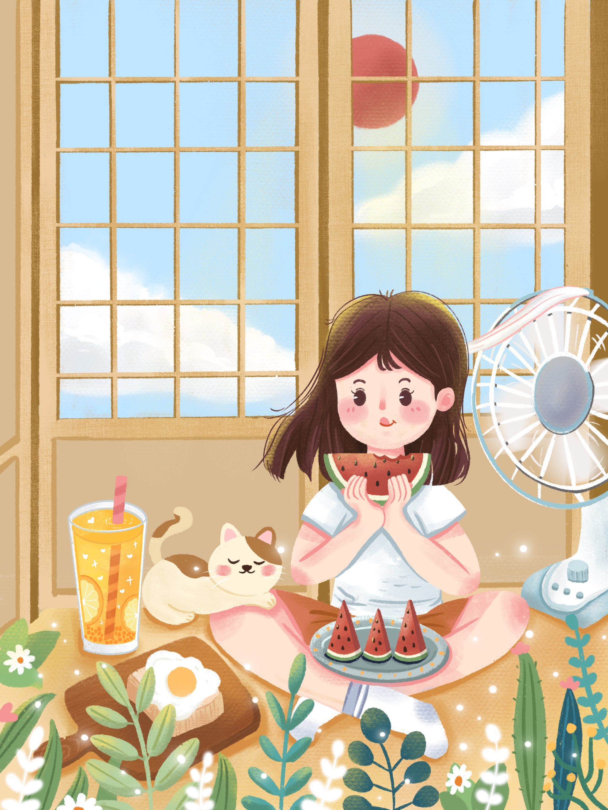 小暑清凉夏日吃西瓜的小女孩