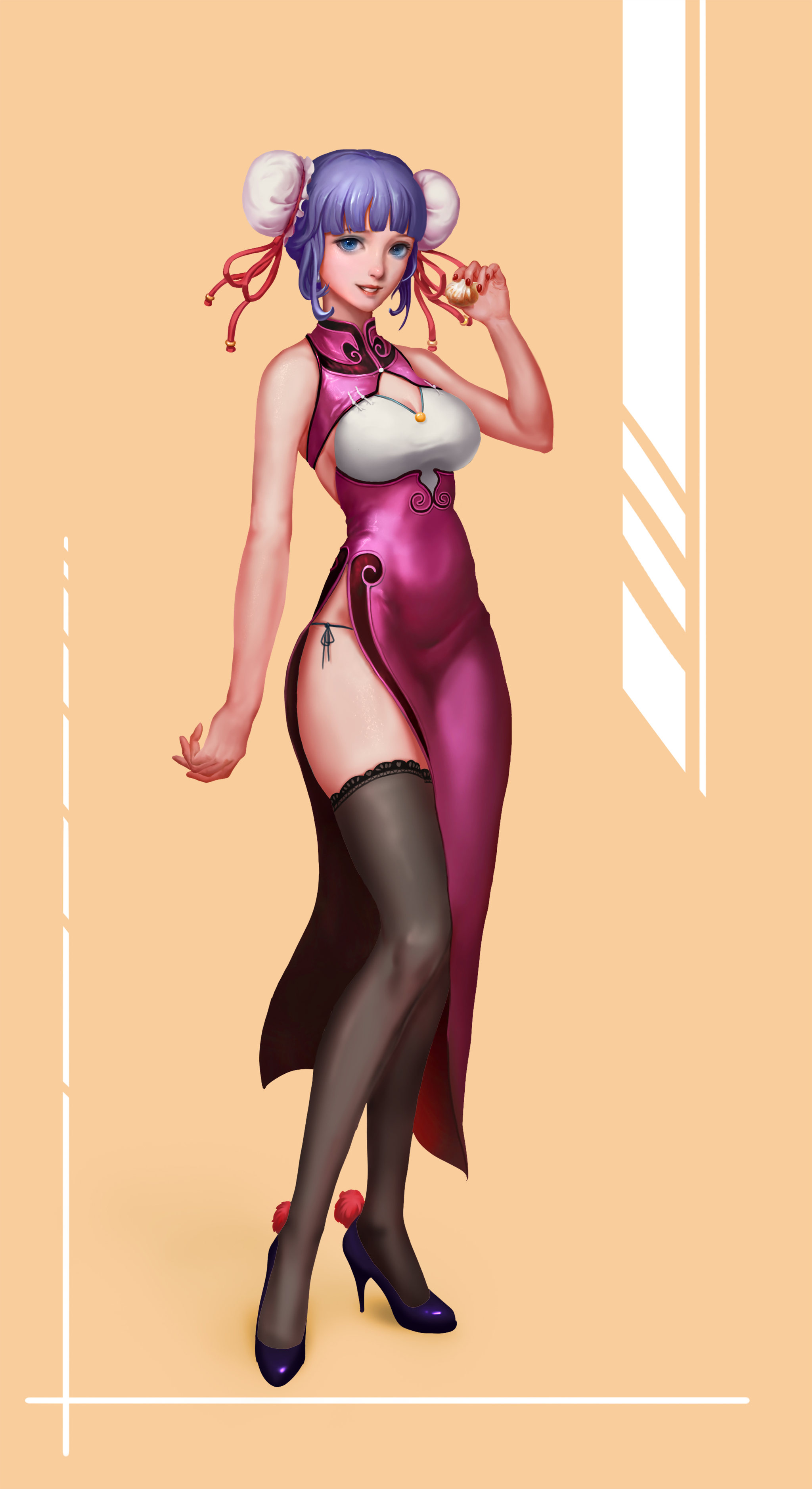 红色古典旗袍短发美女服务员角色原画