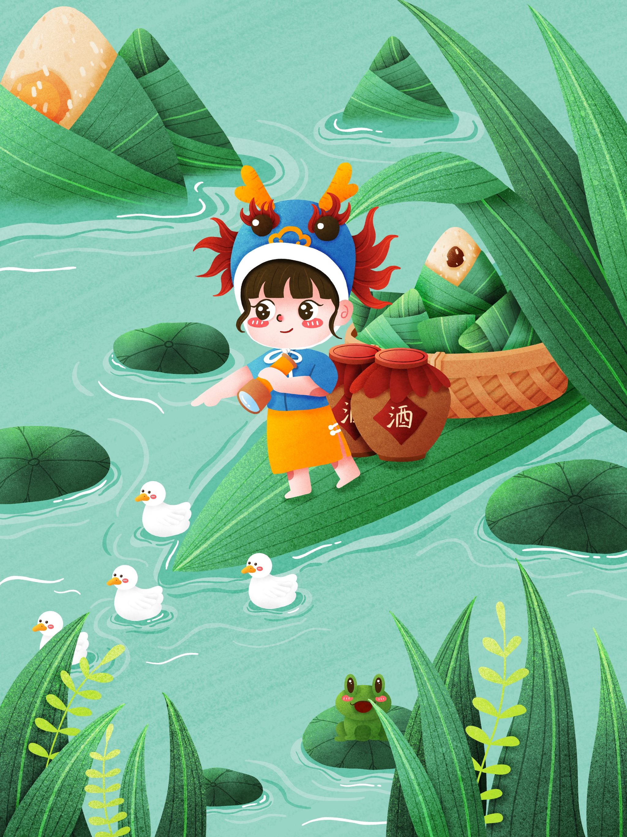 端午节女孩满载粽子泛舟湖上