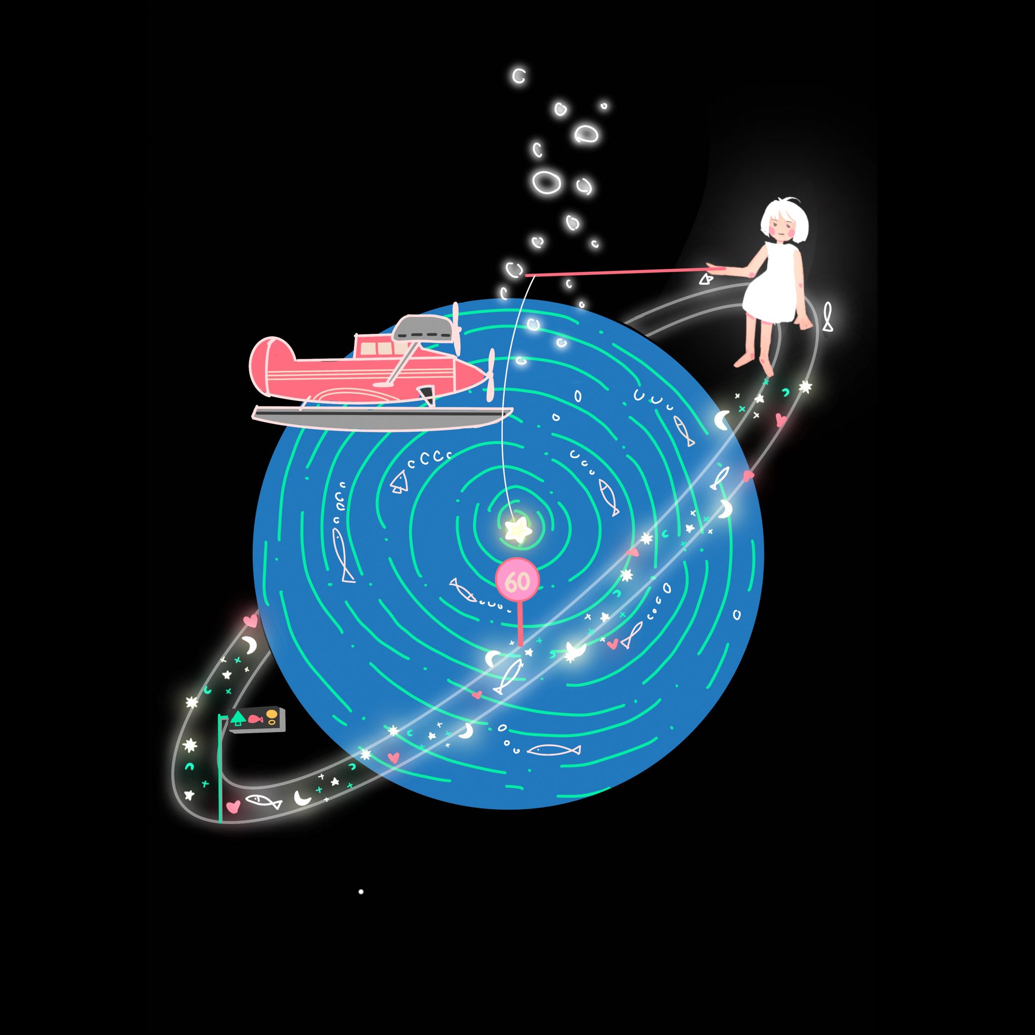 蓝色星球女孩垂钓唯美插画