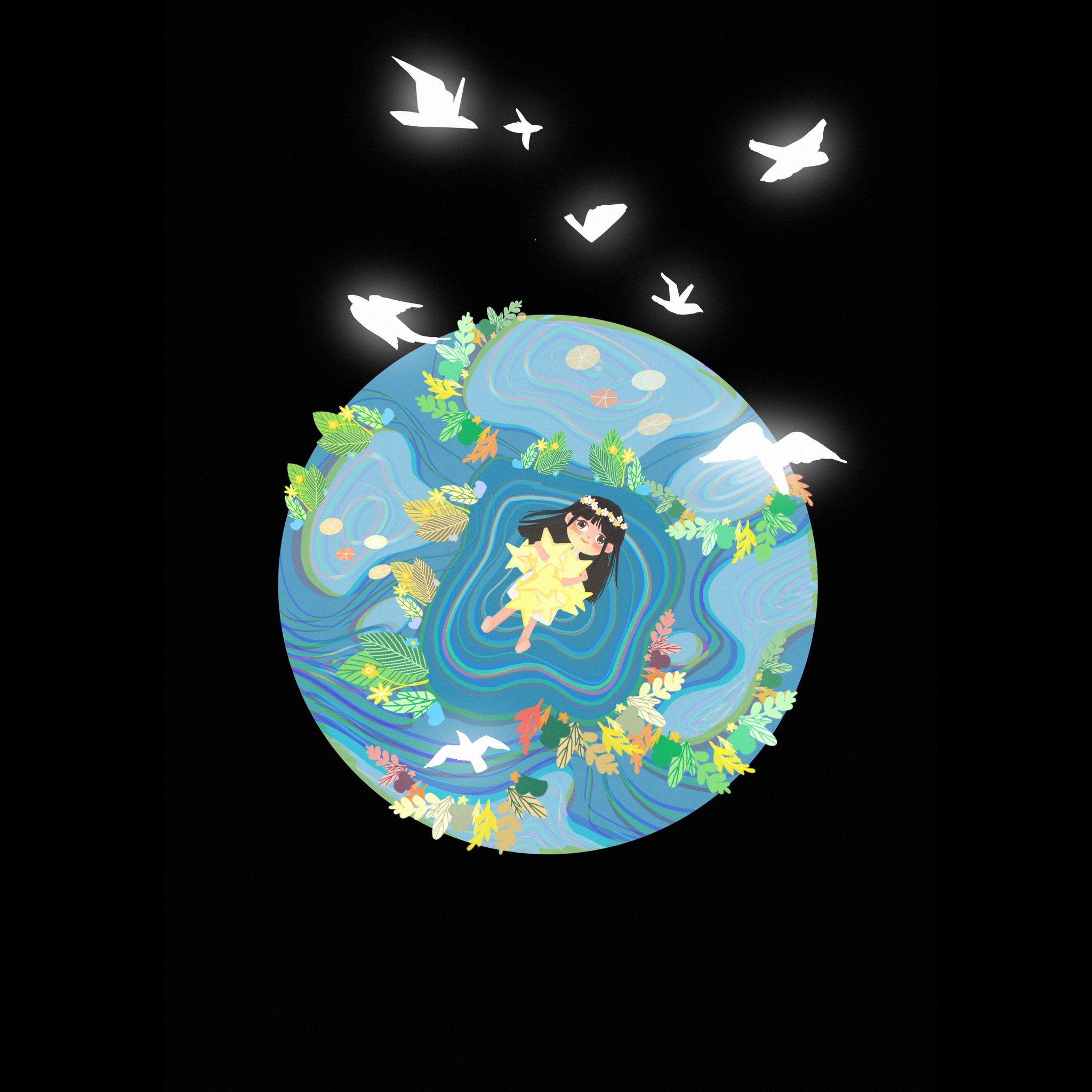 蓝色星球女孩拥抱星星唯美插画