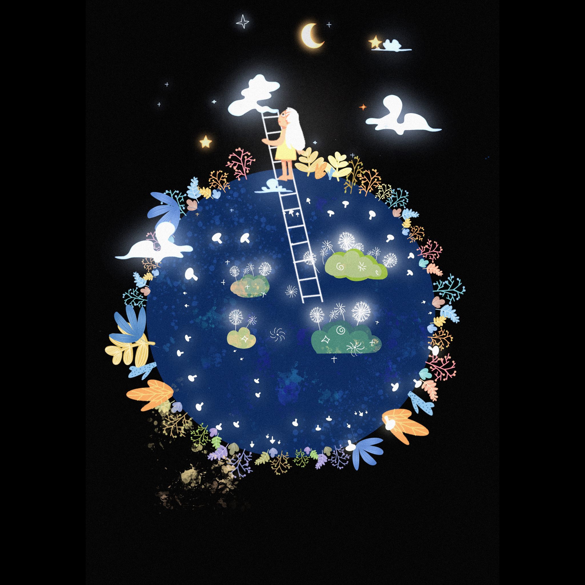 云朵星球女孩唯美插画