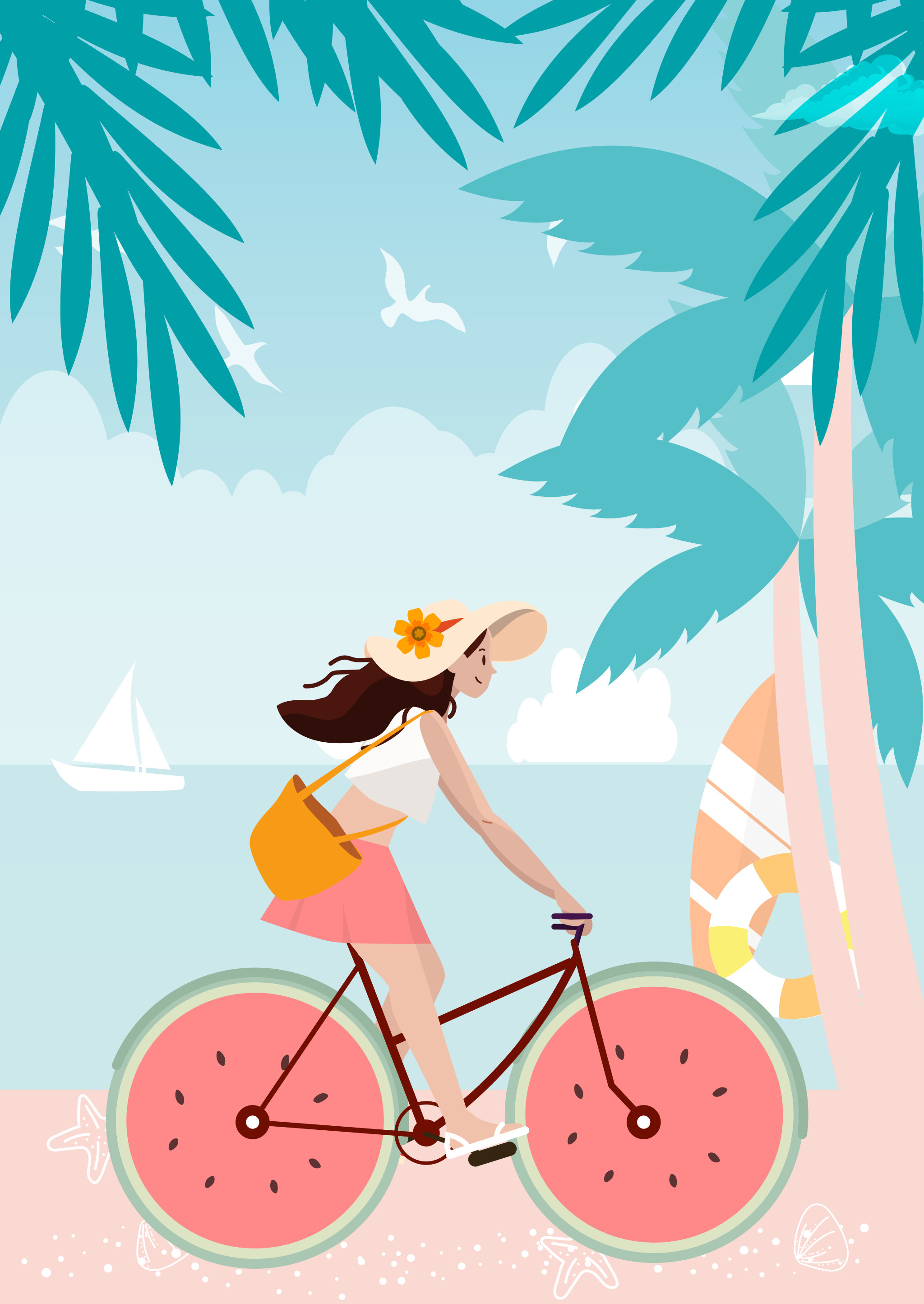竖版海滩边骑西瓜自行车的女孩矢量无字插画