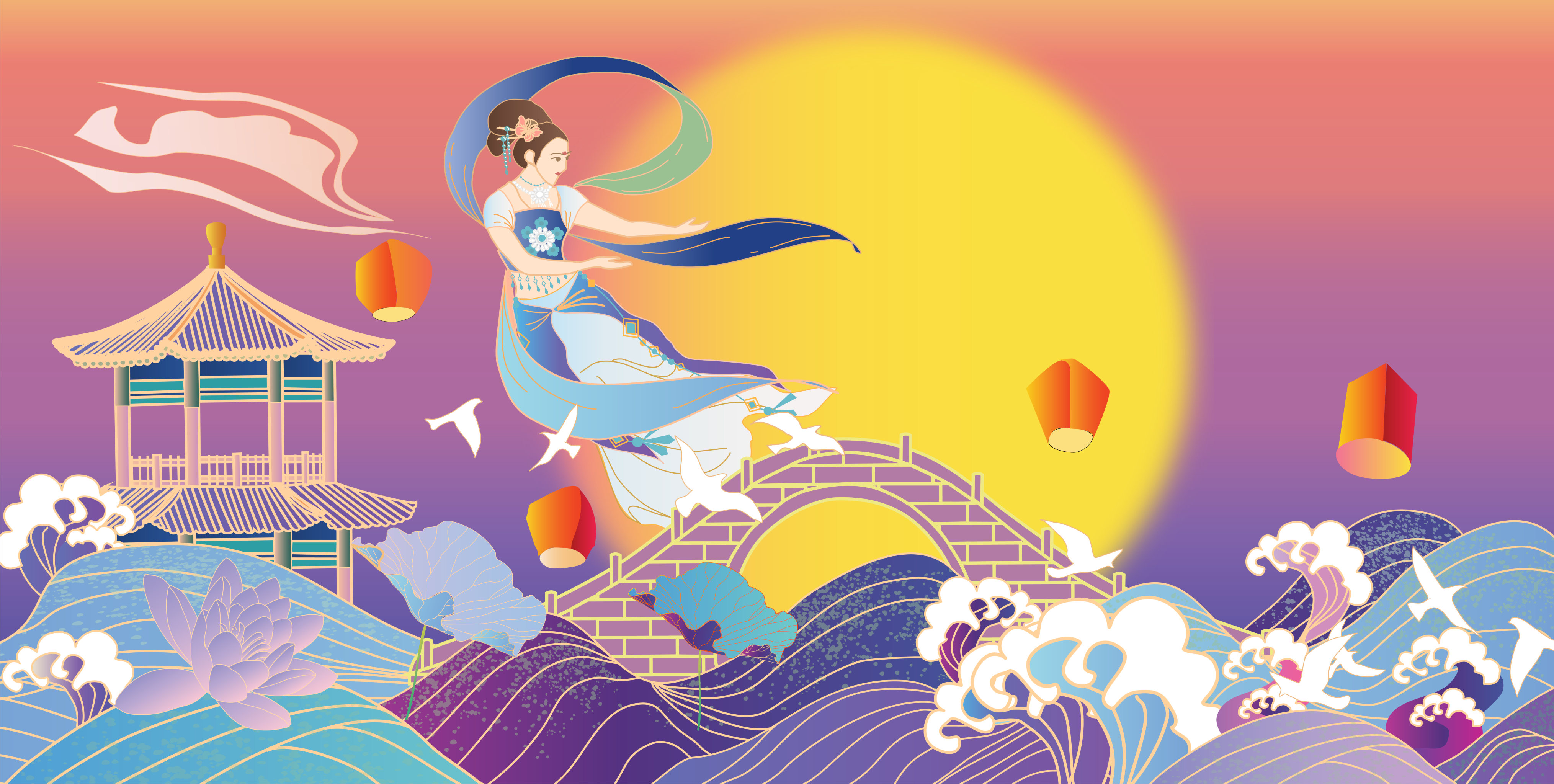 中秋节海上明月为背景的嫦娥奔月横版