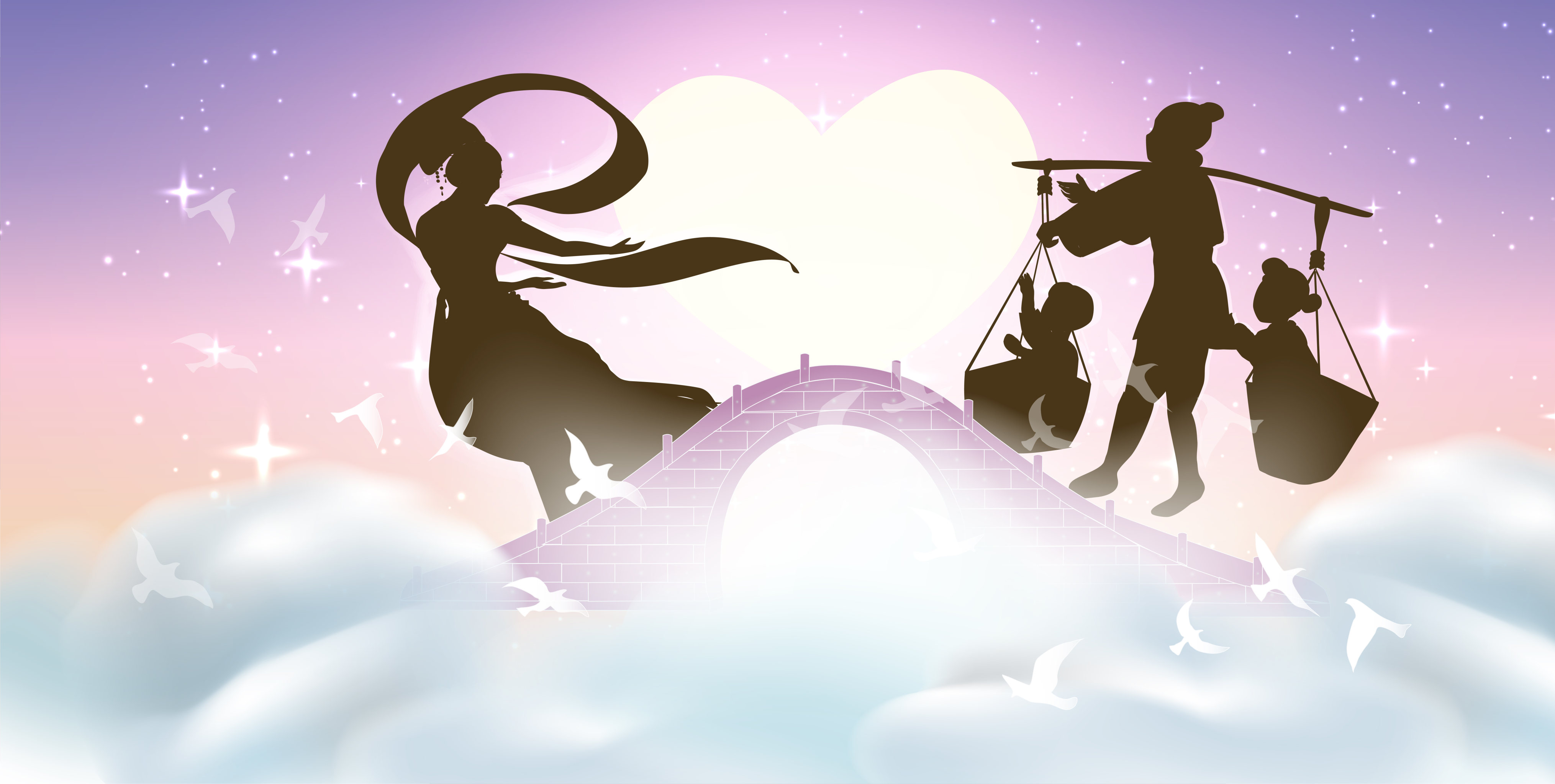 七夕情人节牛郎织女儿女云朵上鹊桥相会剪影