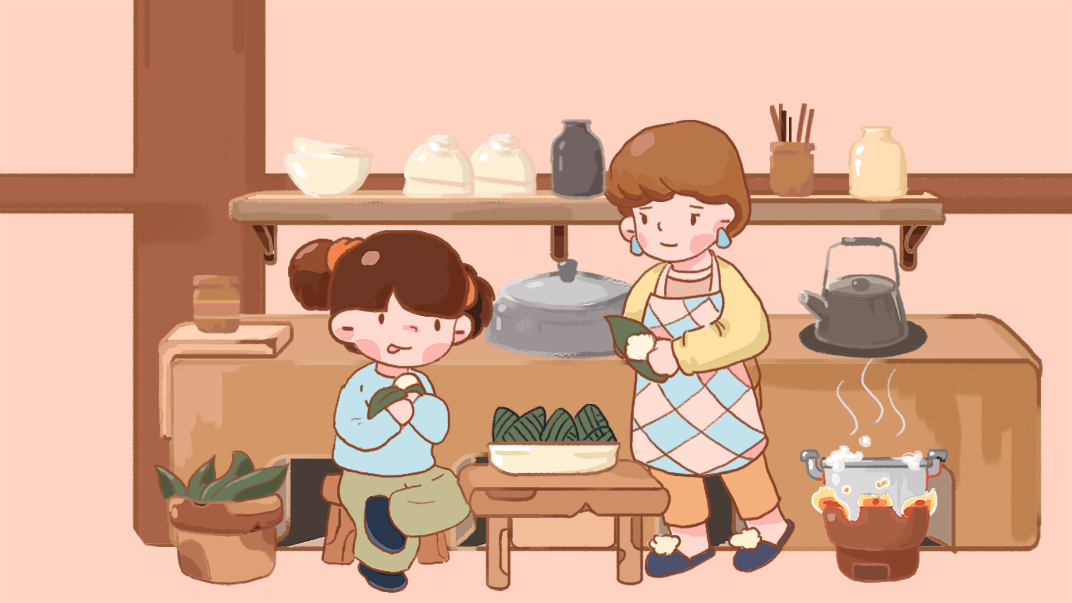 端午节中式厨房灶台母女包粽子