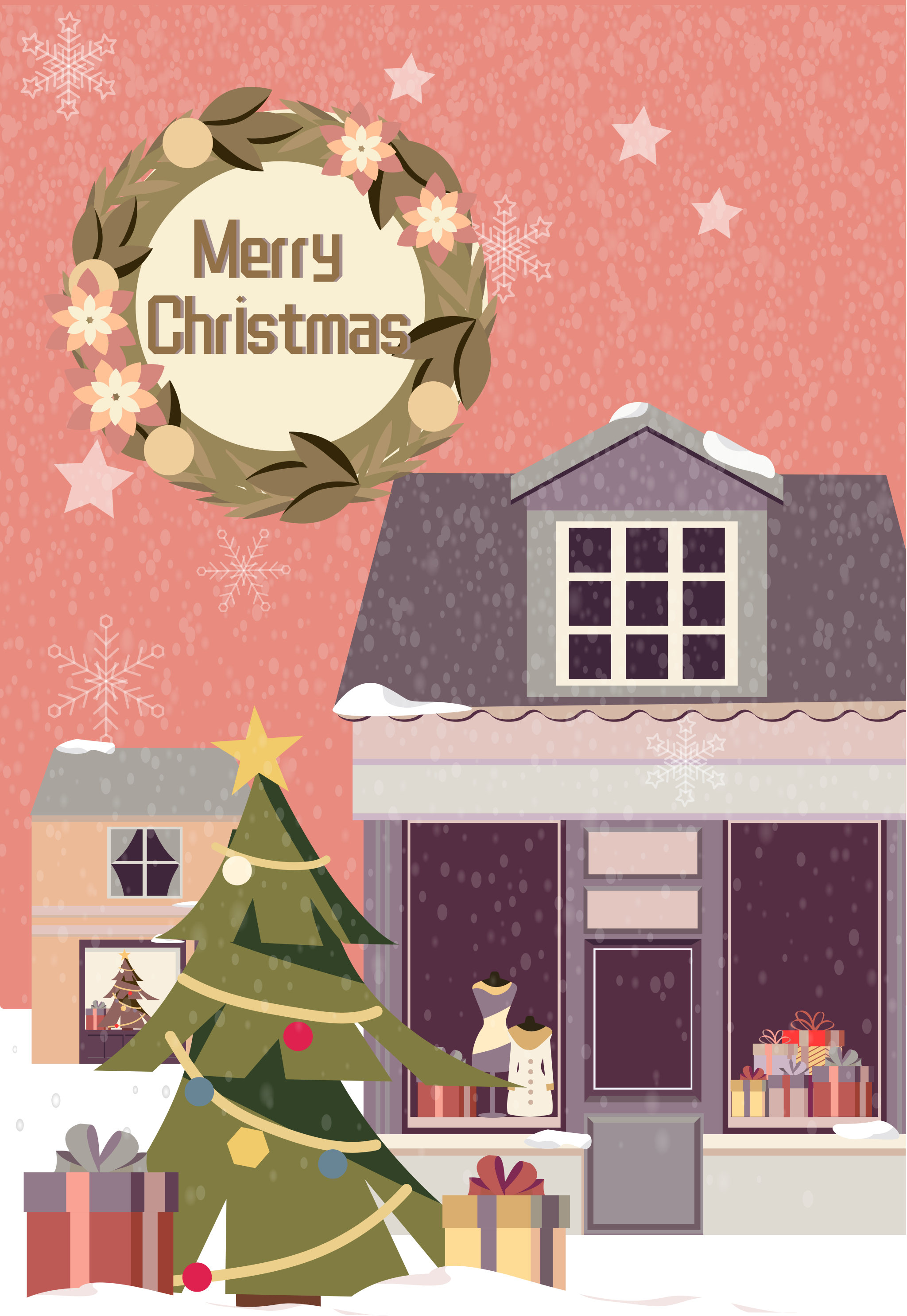 圣诞节童话小镇商店橱窗矢量插画