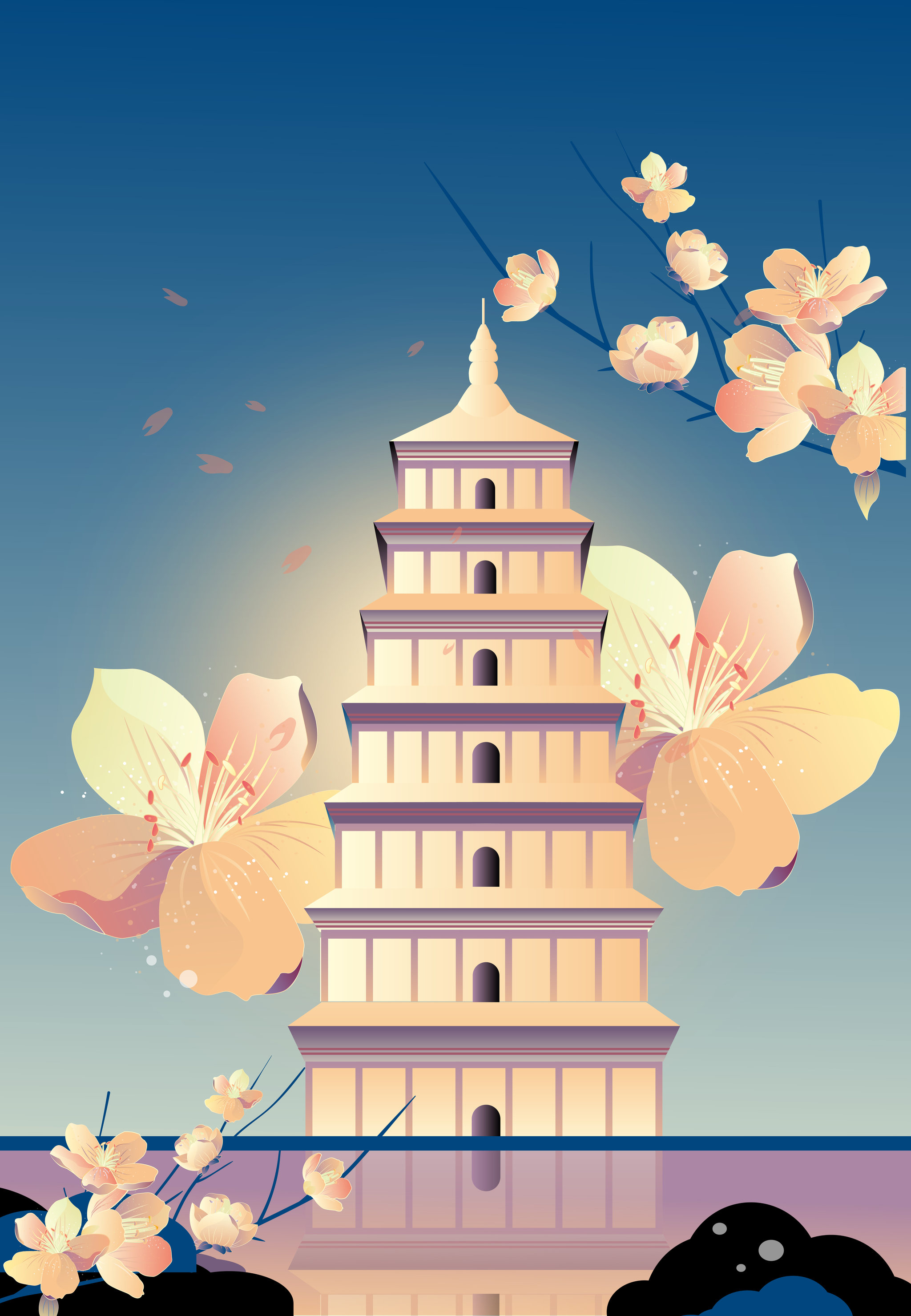 西安地标大雁塔古建筑竖版矢量复古