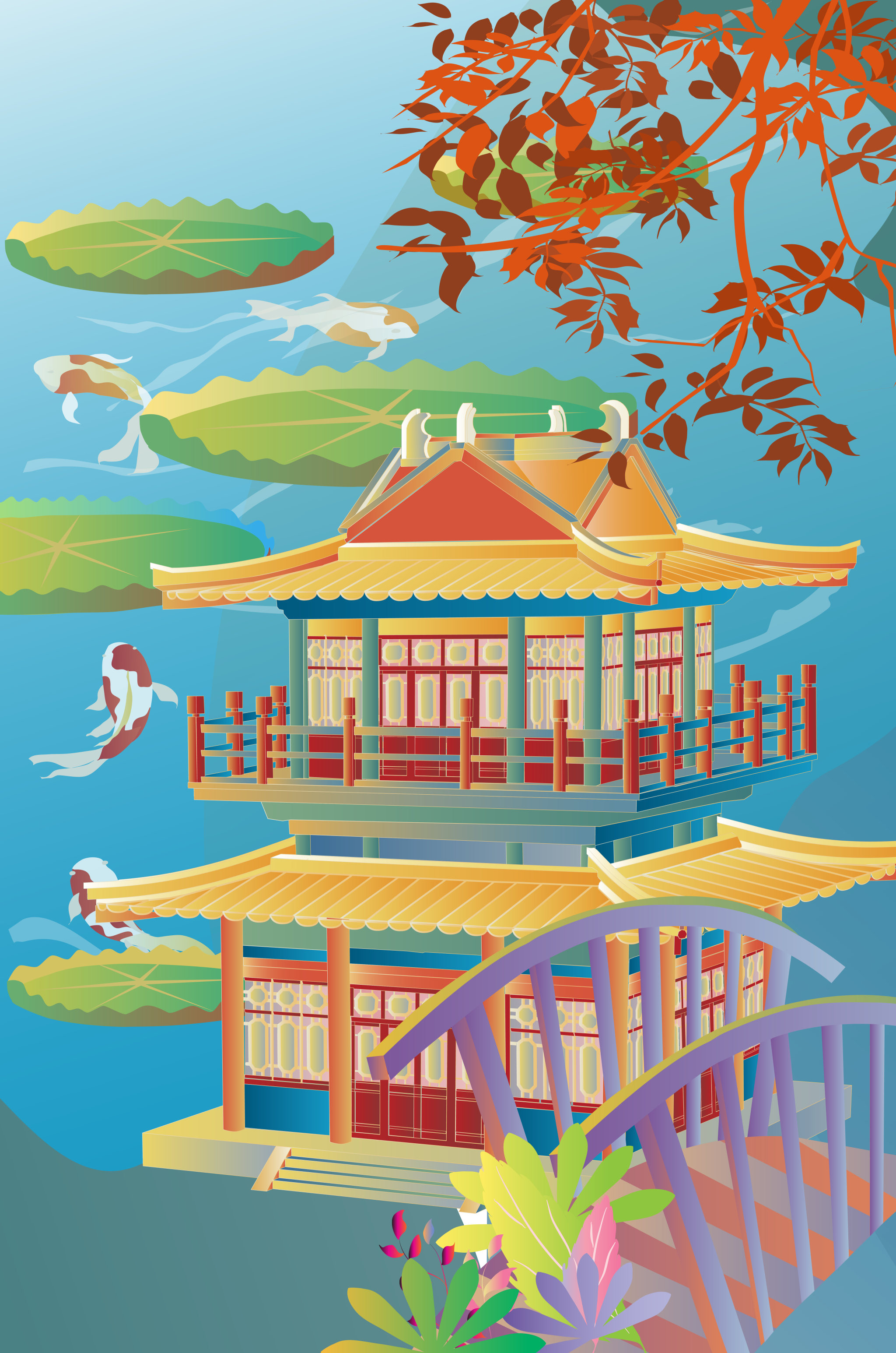 中国风古建筑荷塘锦鲤小桥楼阁矢量插画竖版