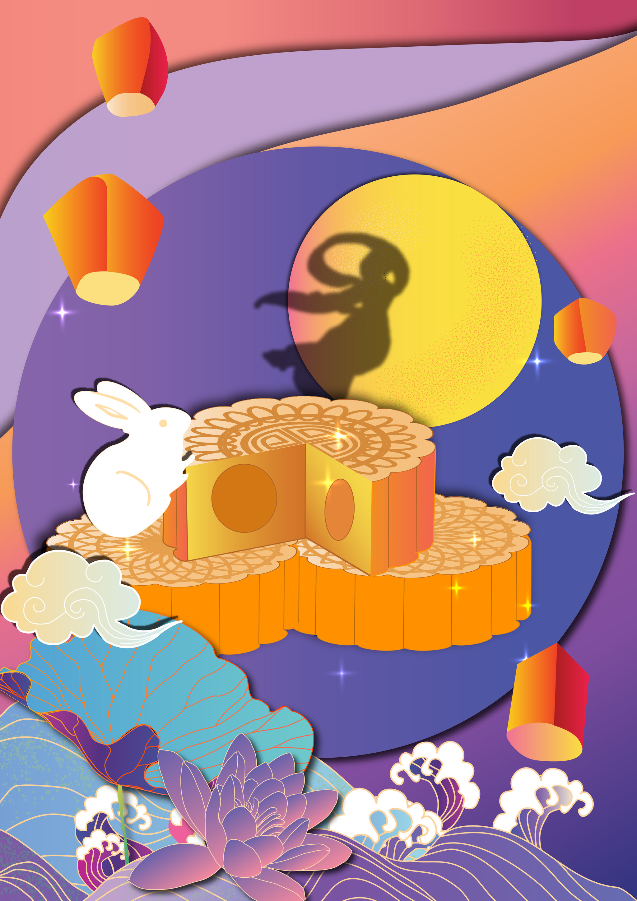 中秋节海上明月背景的嫦娥奔月月饼矢量插画