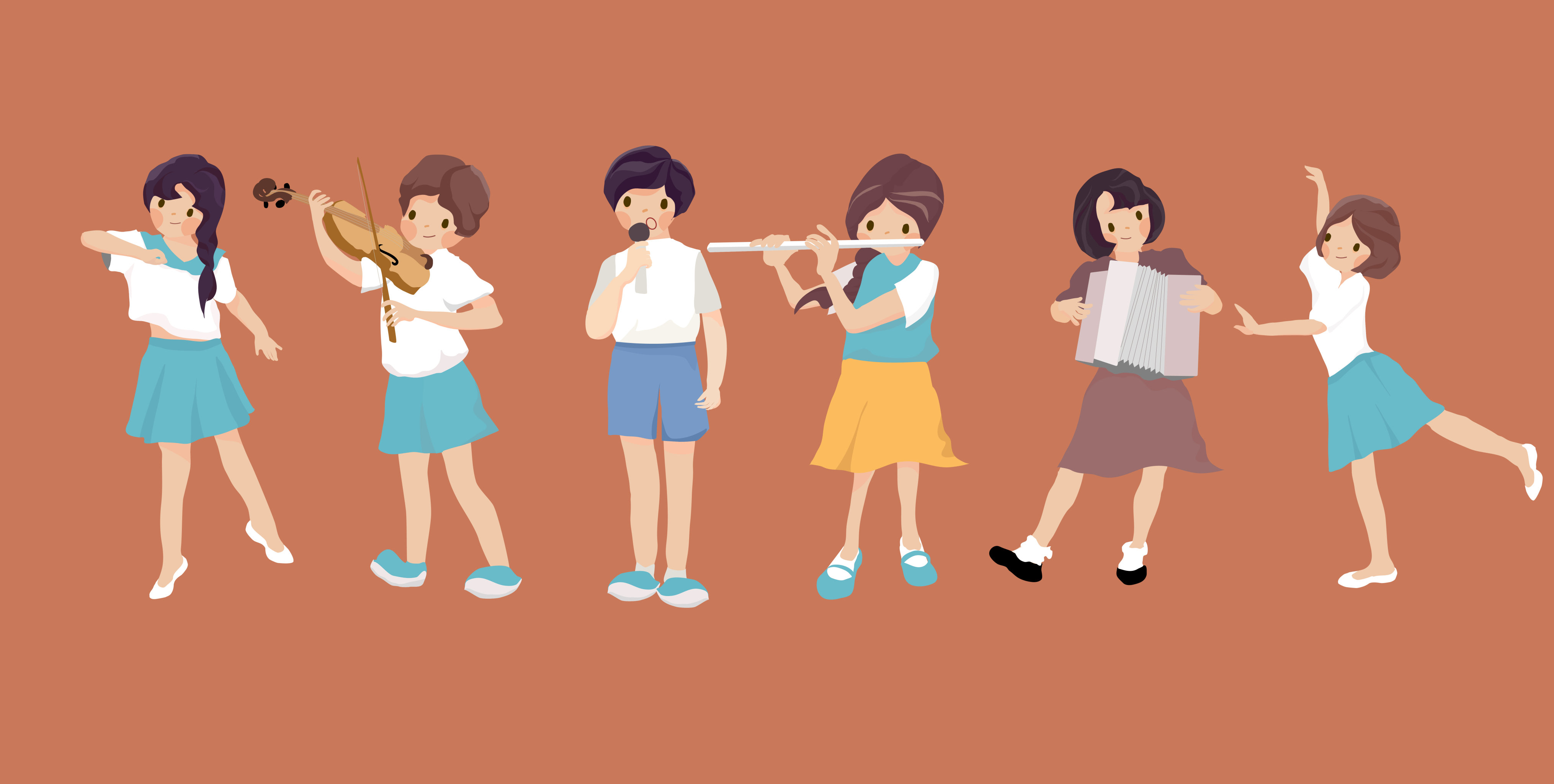 儿童孩子文艺唱歌跳舞小提琴手风琴笛子矢量