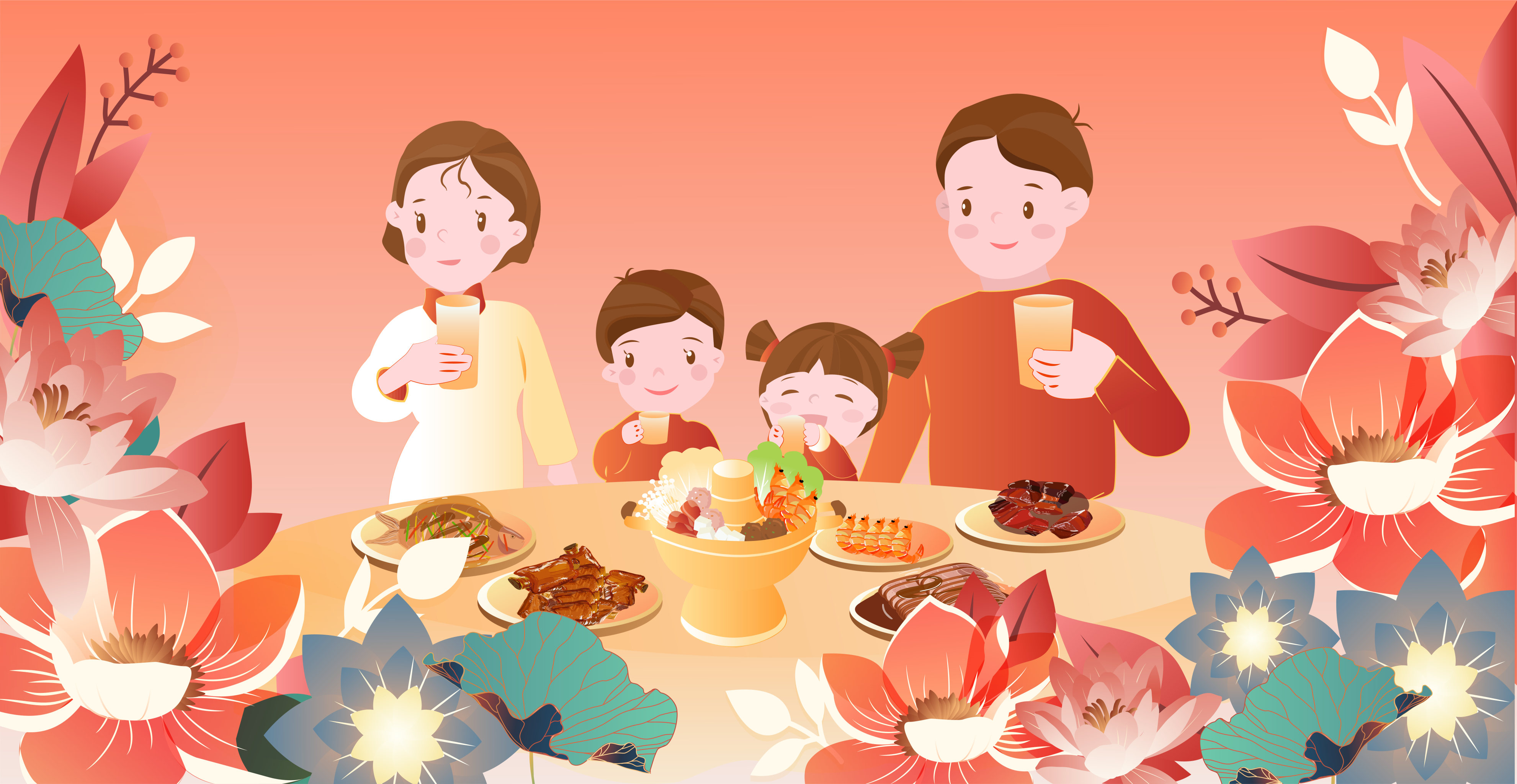 团圆饭举杯祝福的一家四口