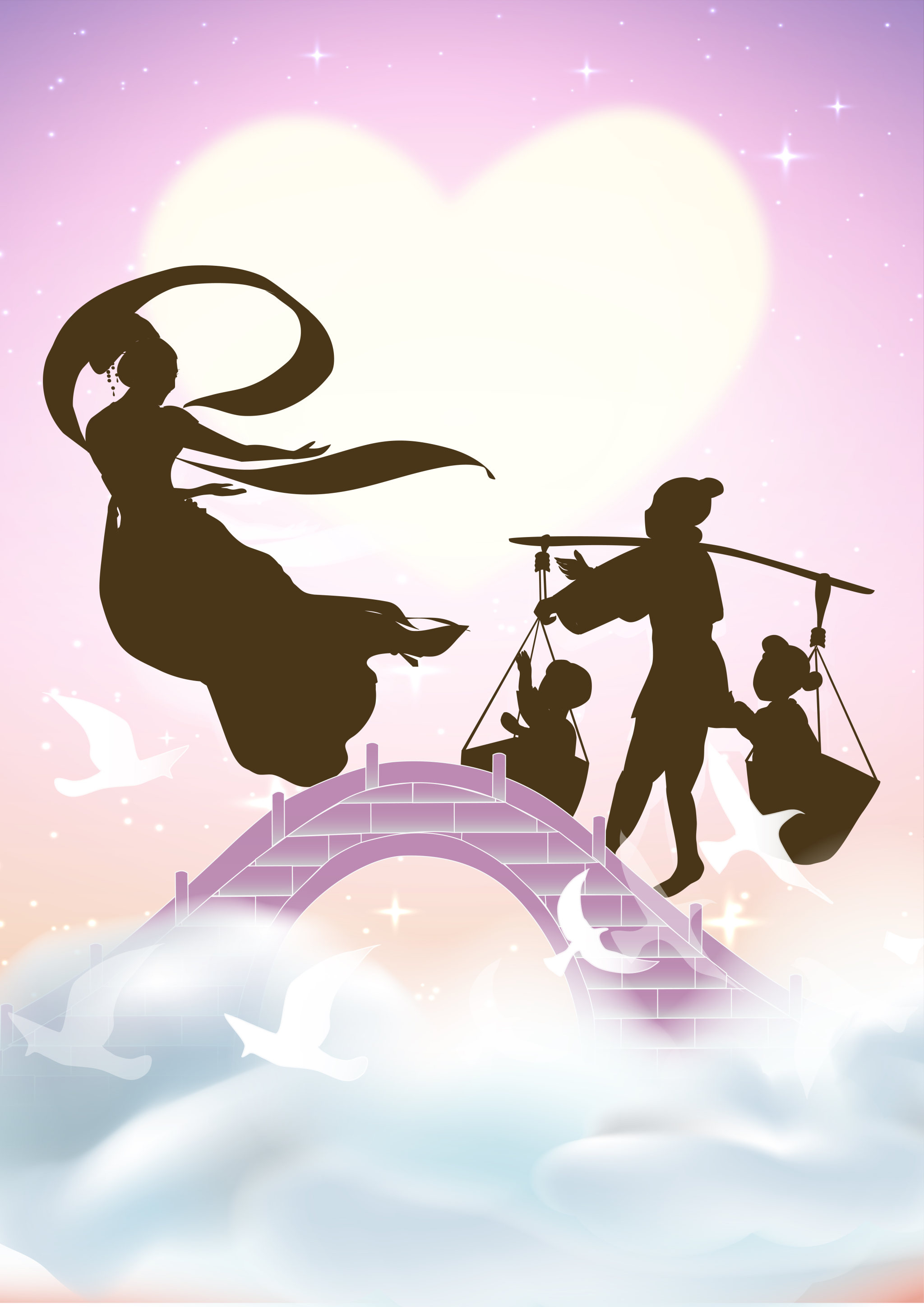 夕情人节牛郎织女儿女云朵上鹊桥相会剪影