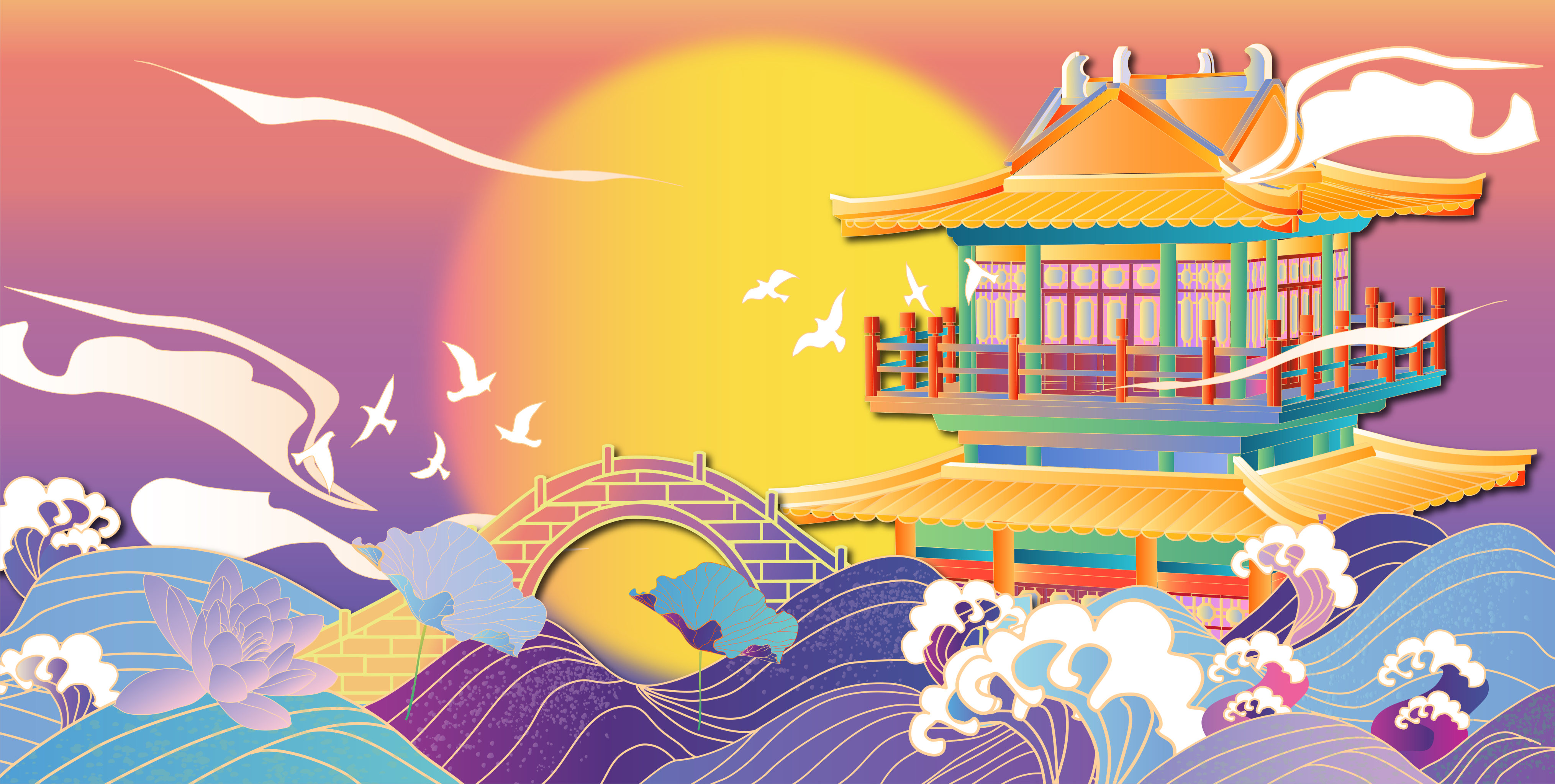 中国风海上日出楼阁剪纸风矢量插画