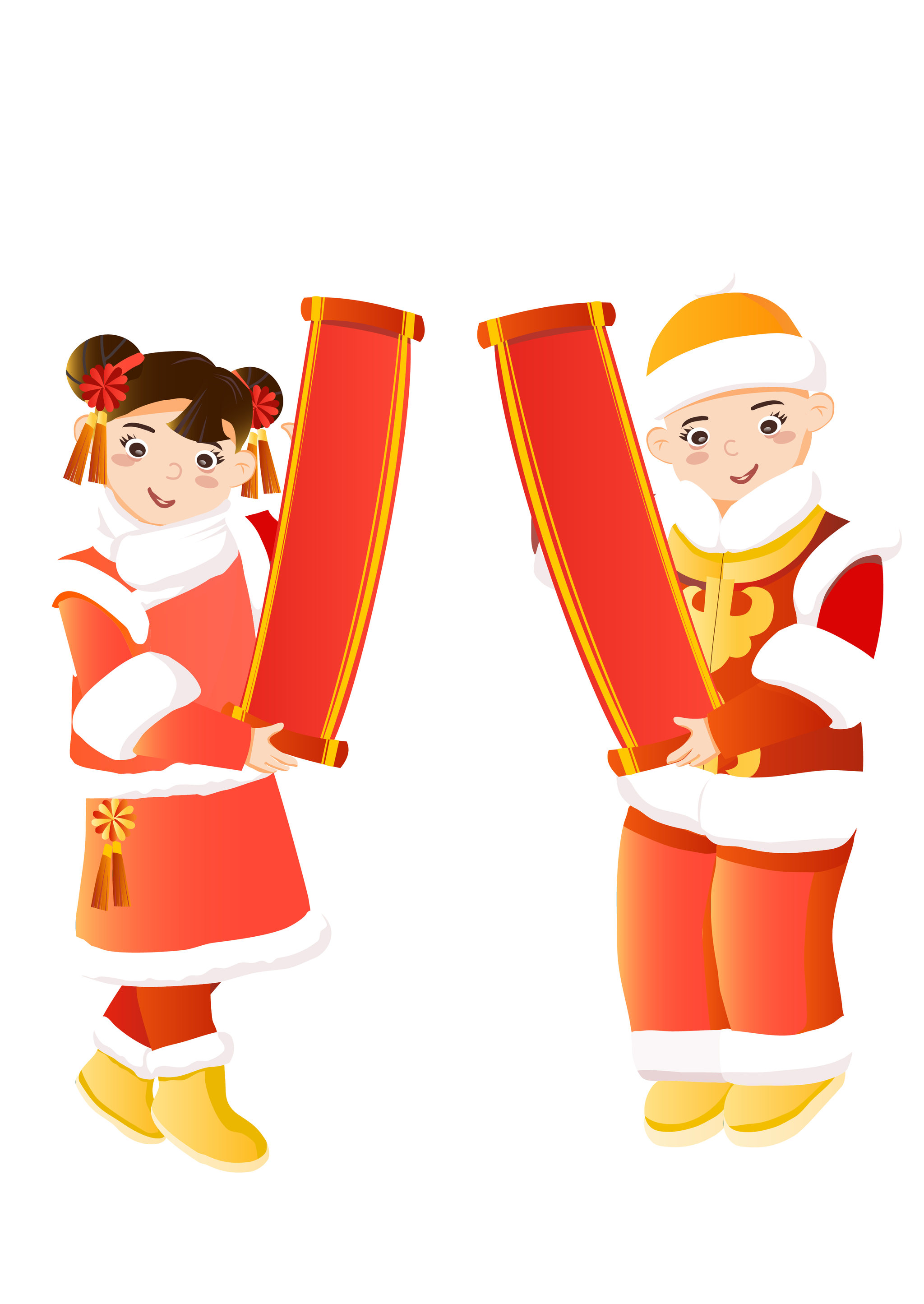 春节中式服装拿春联拜年男孩女孩