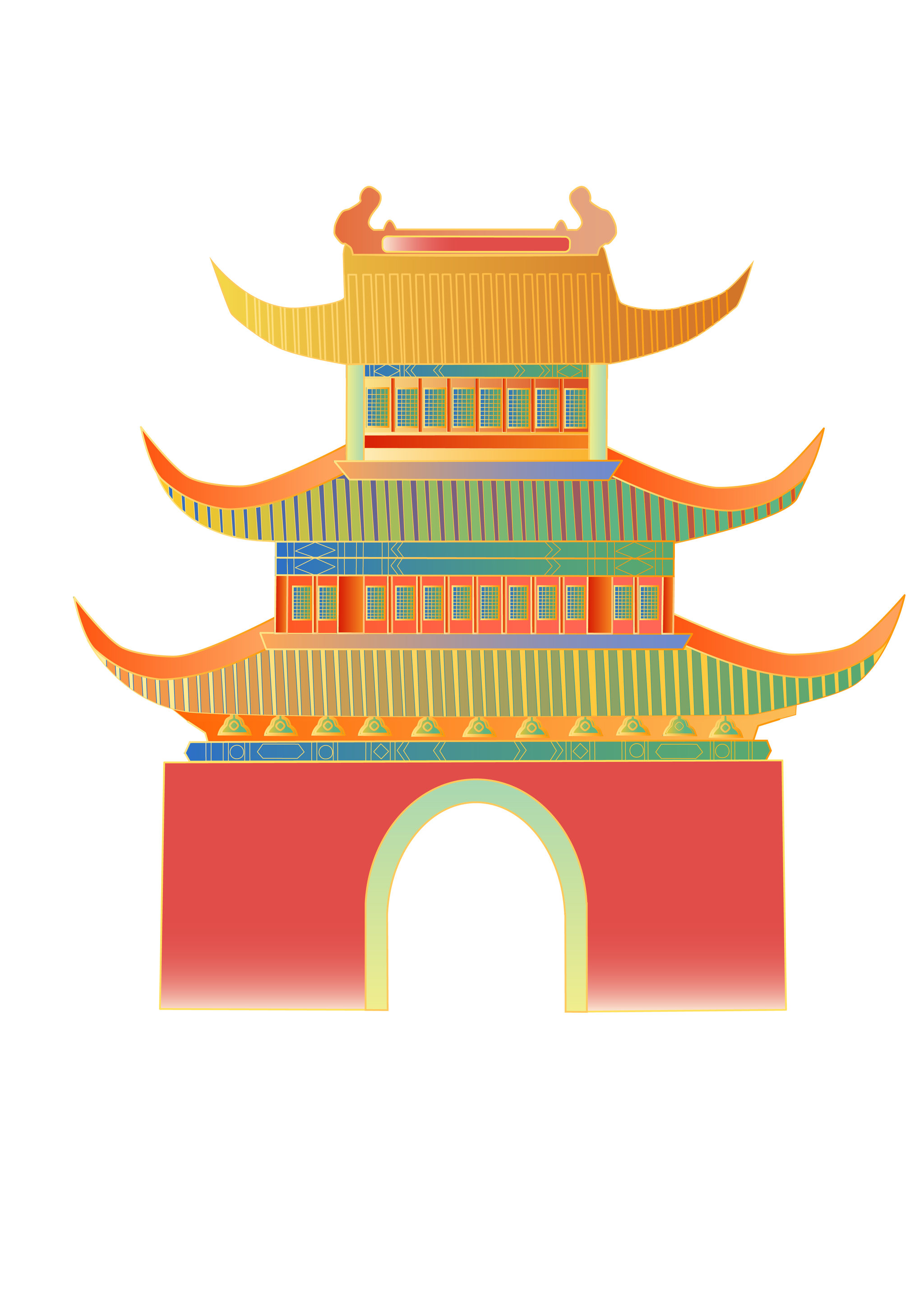 新中式建筑红砖绿瓦城门城楼矢量插画