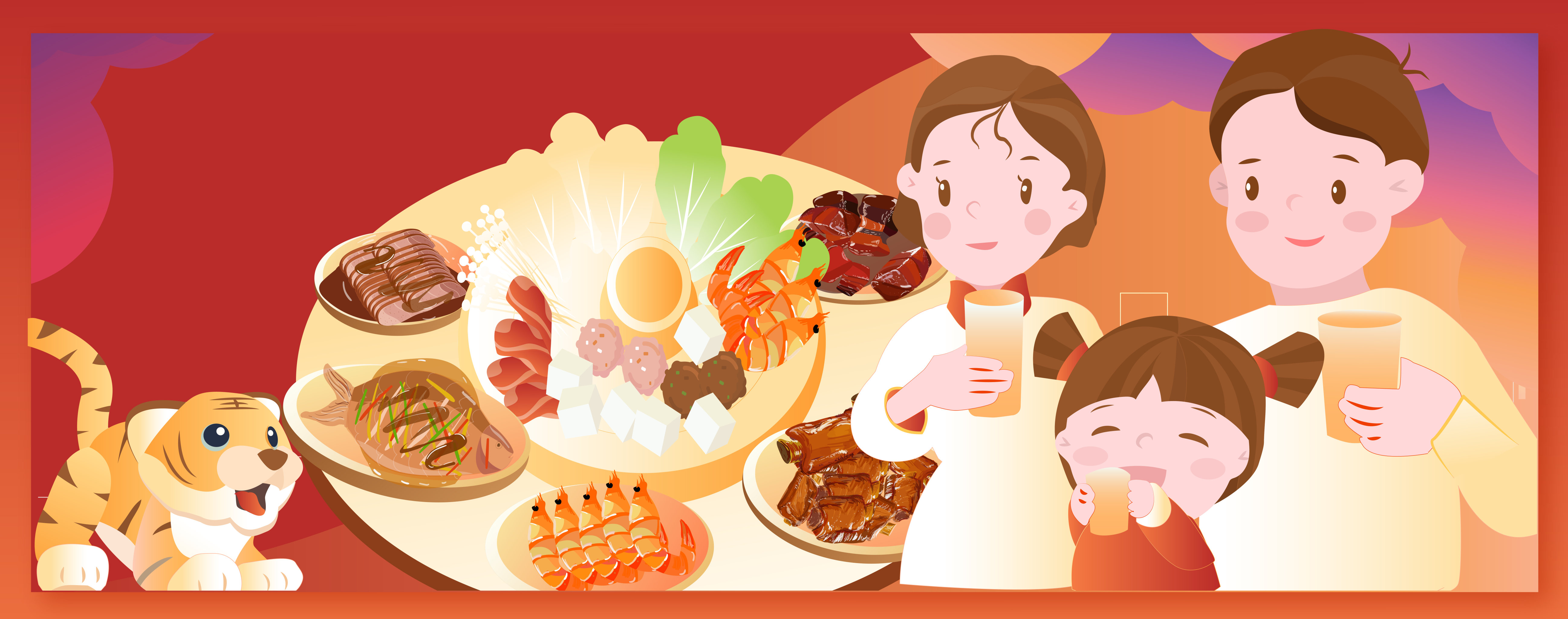 餐桌前举杯祝福的一家三口矢量插画