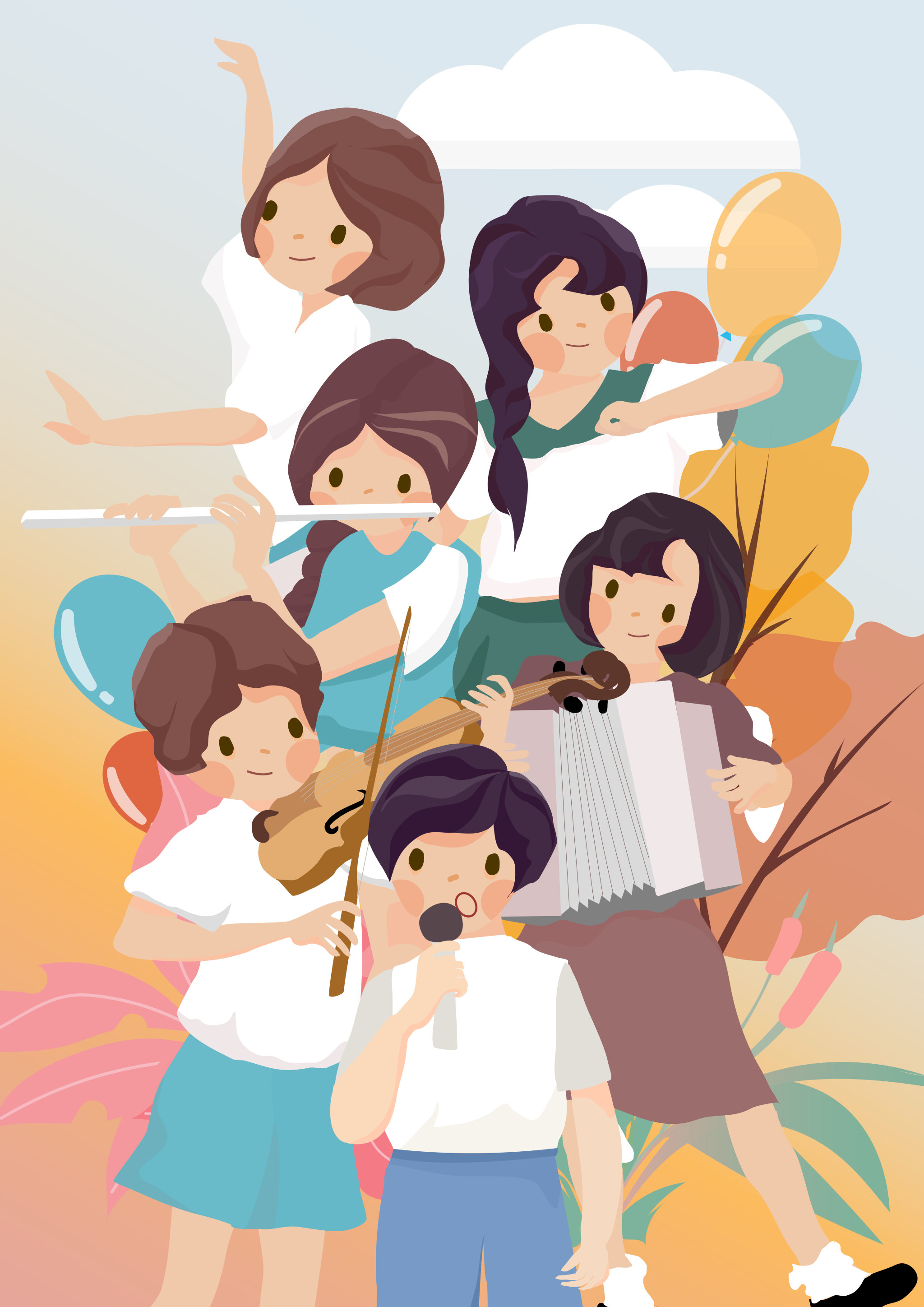 儿童孩子文艺唱歌跳舞小提琴手风琴笛子矢量人物无字