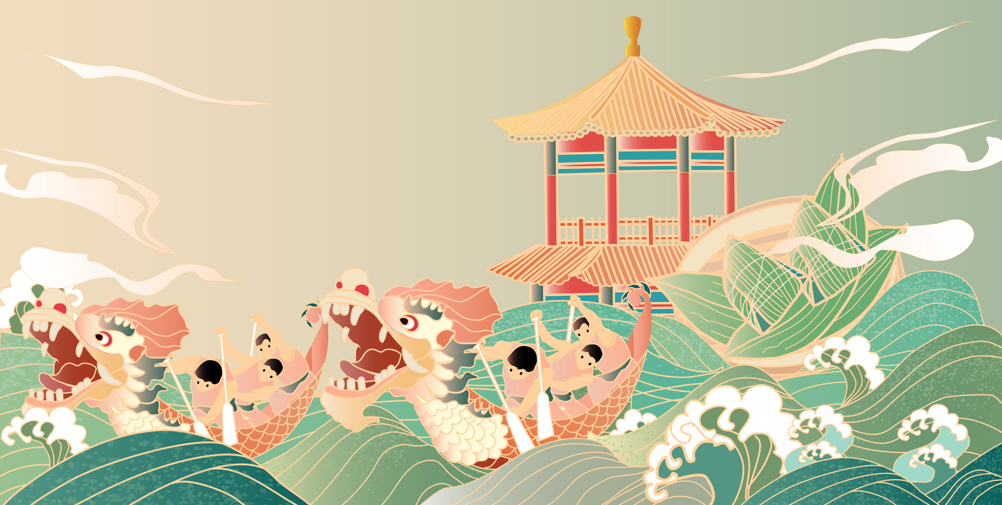 端午节新中式亭子粽子赛龙舟横版无字