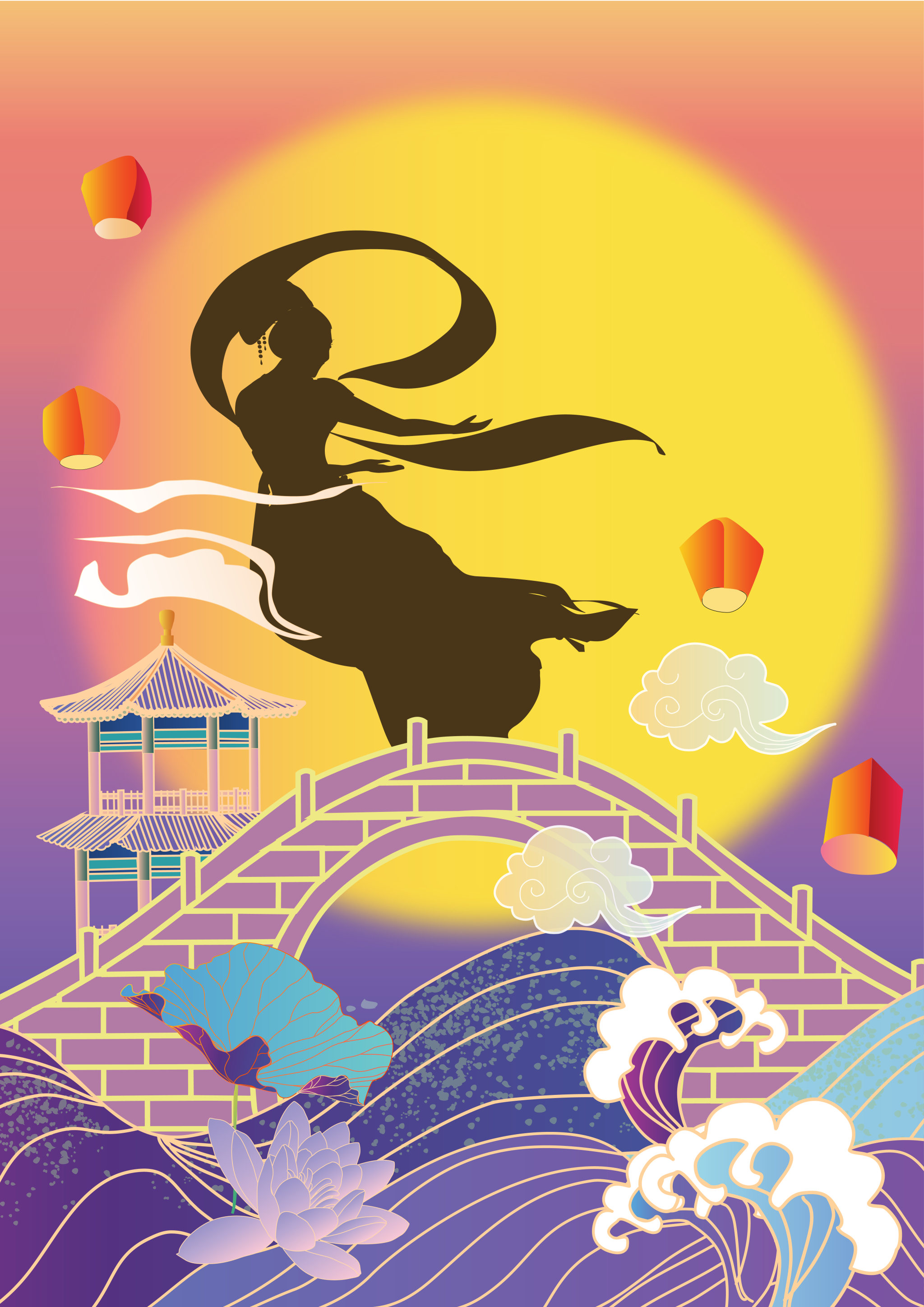 中秋节海上明月为背景的嫦娥奔月剪影竖版