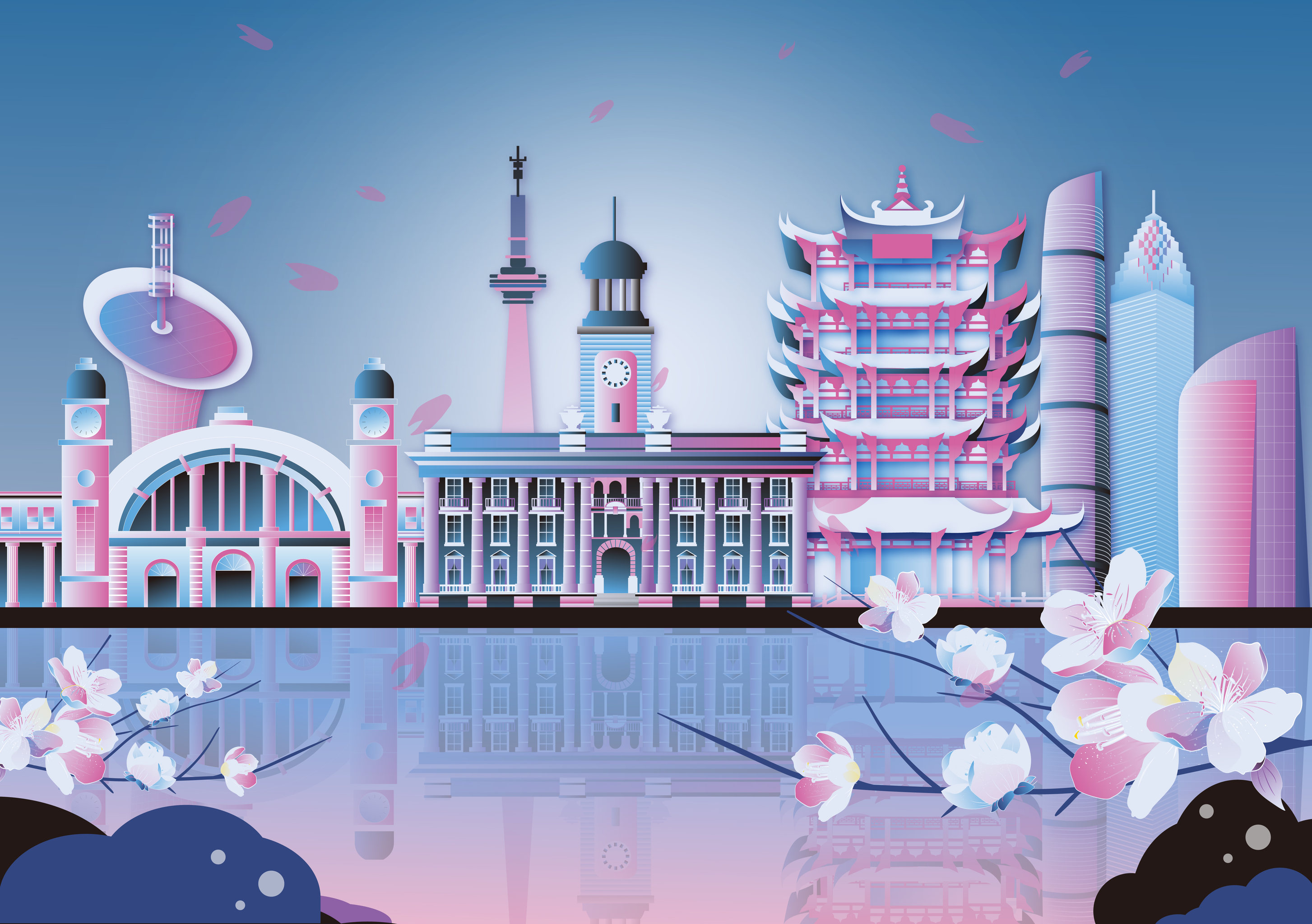 武汉樱花城市地标建筑黄鹤楼江汉关汉口火车站