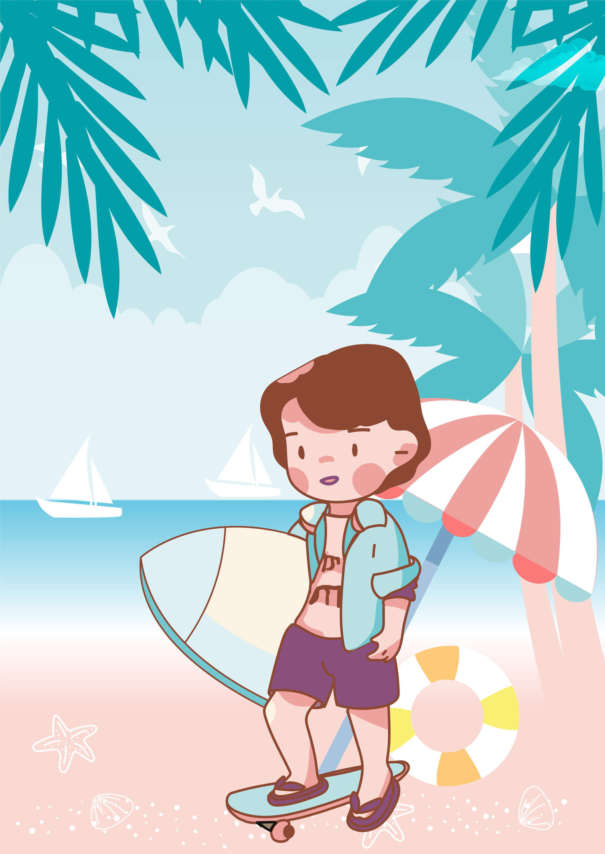 夏日男孩儿童滑水海边矢量插画竖版