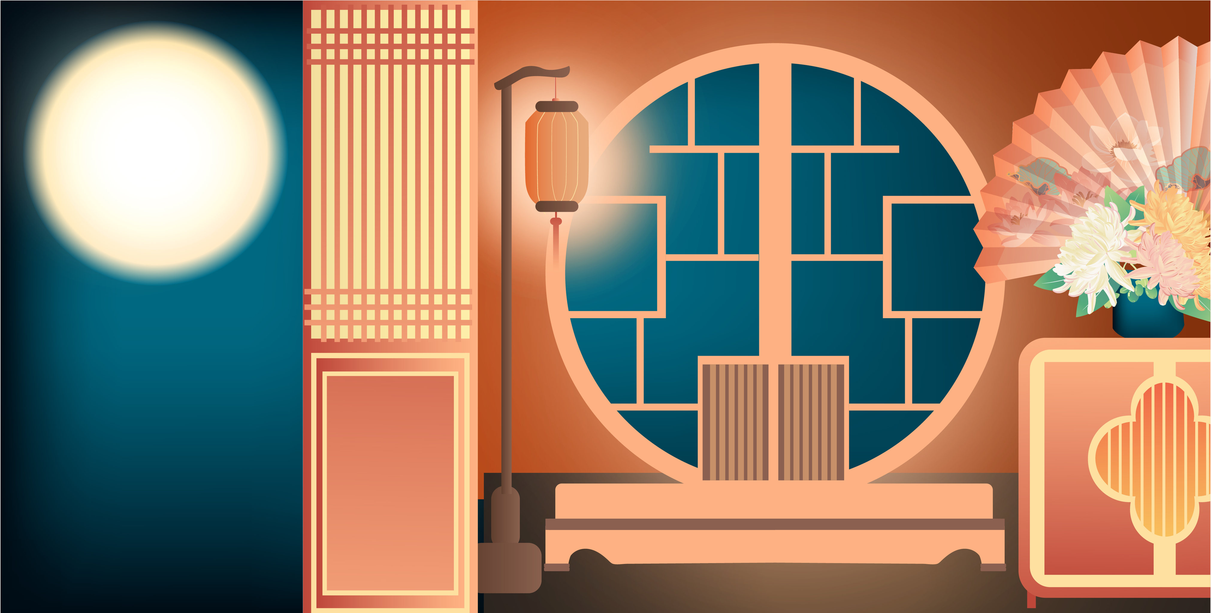 中秋节中式家居背景的室内场景矢量插画