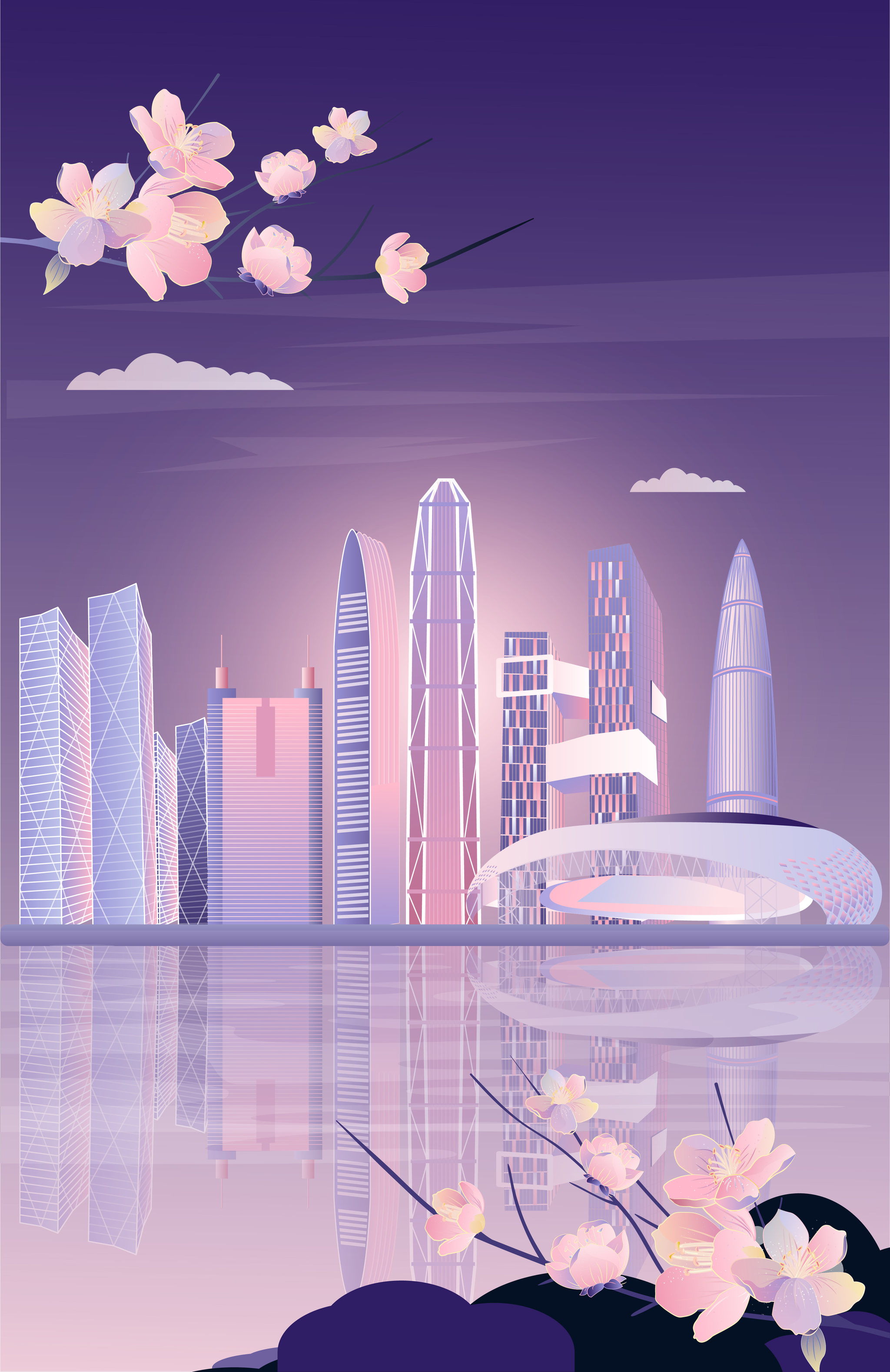 深圳城市地标建筑渐变扁平竖版紫色 - connie康妮 - 原创作品 - 视觉