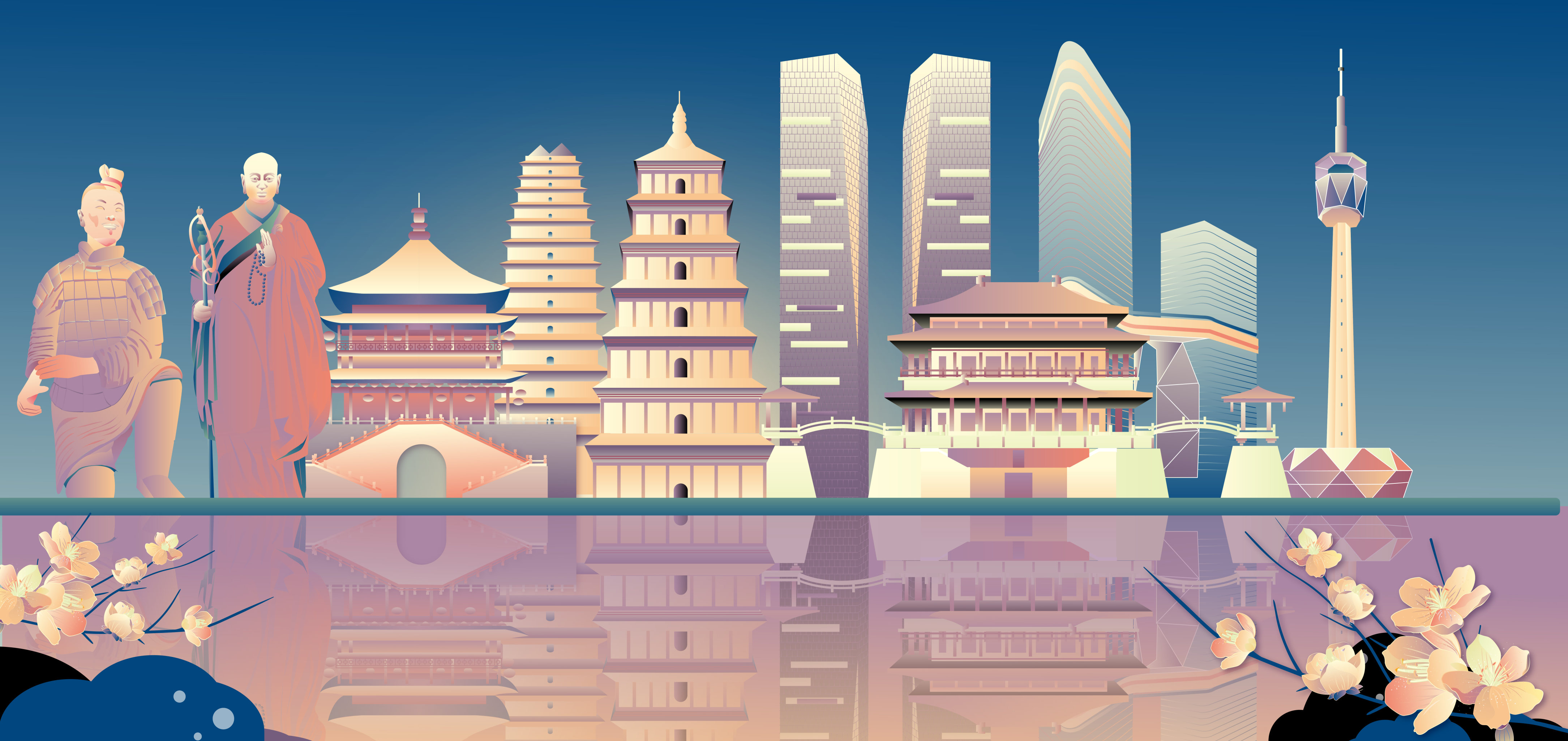 西安古代现代地标建筑群矢量插画黄紫 - connie康妮 - 原创作品 - 视