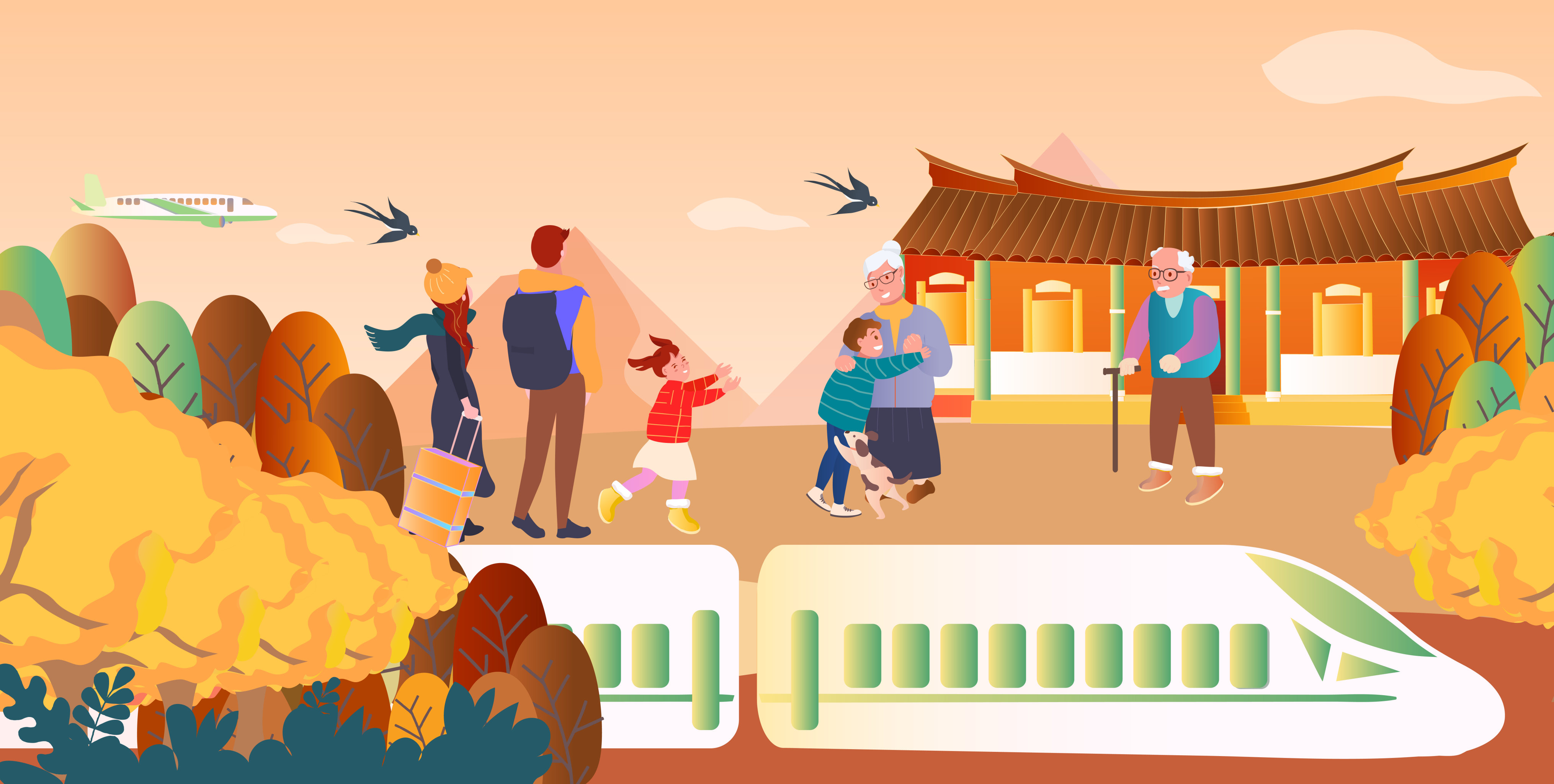 春运高铁返乡团聚人物矢量插画