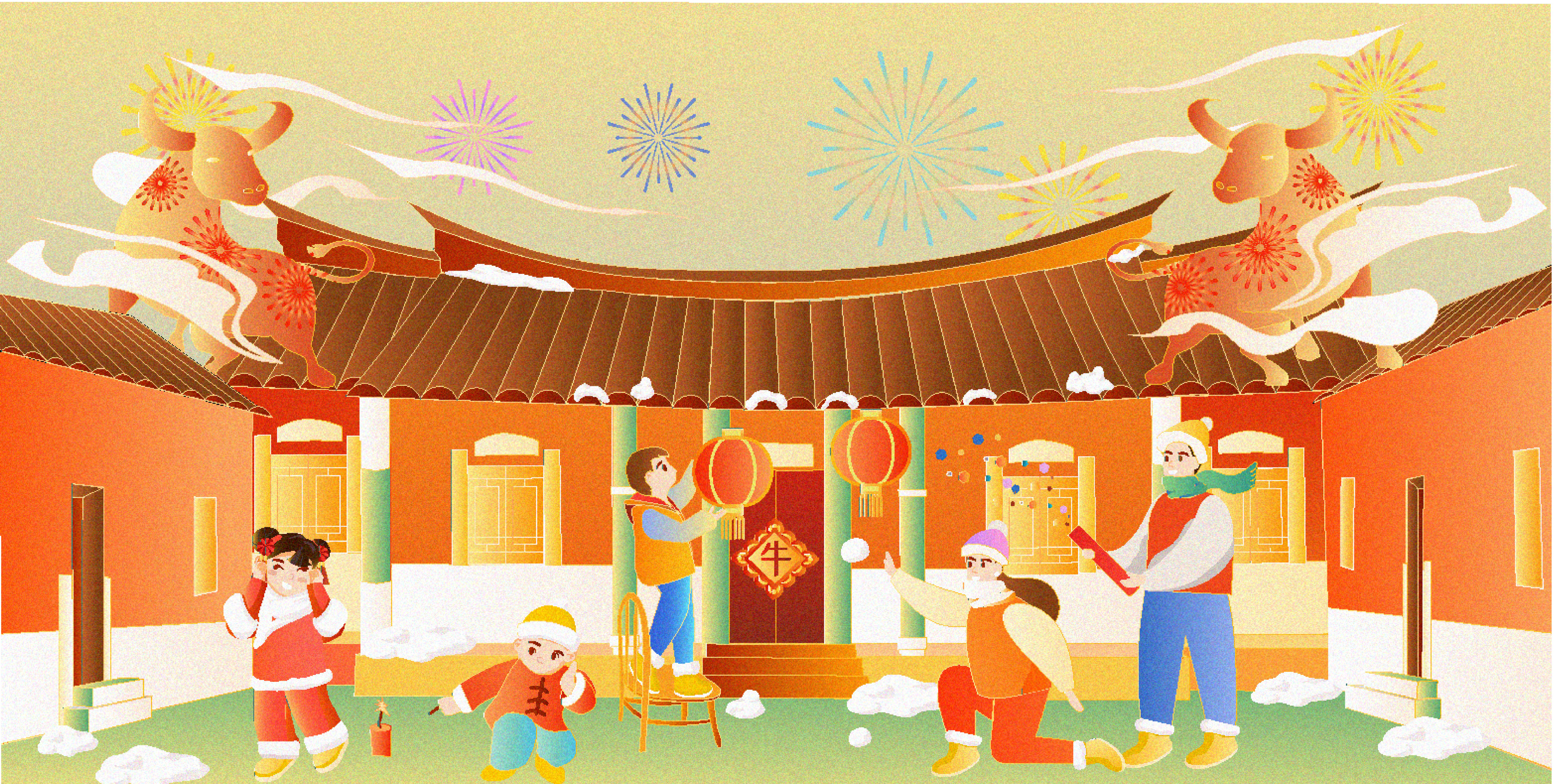 牛年春节中国风民俗建筑鞭炮灯笼纹理插画