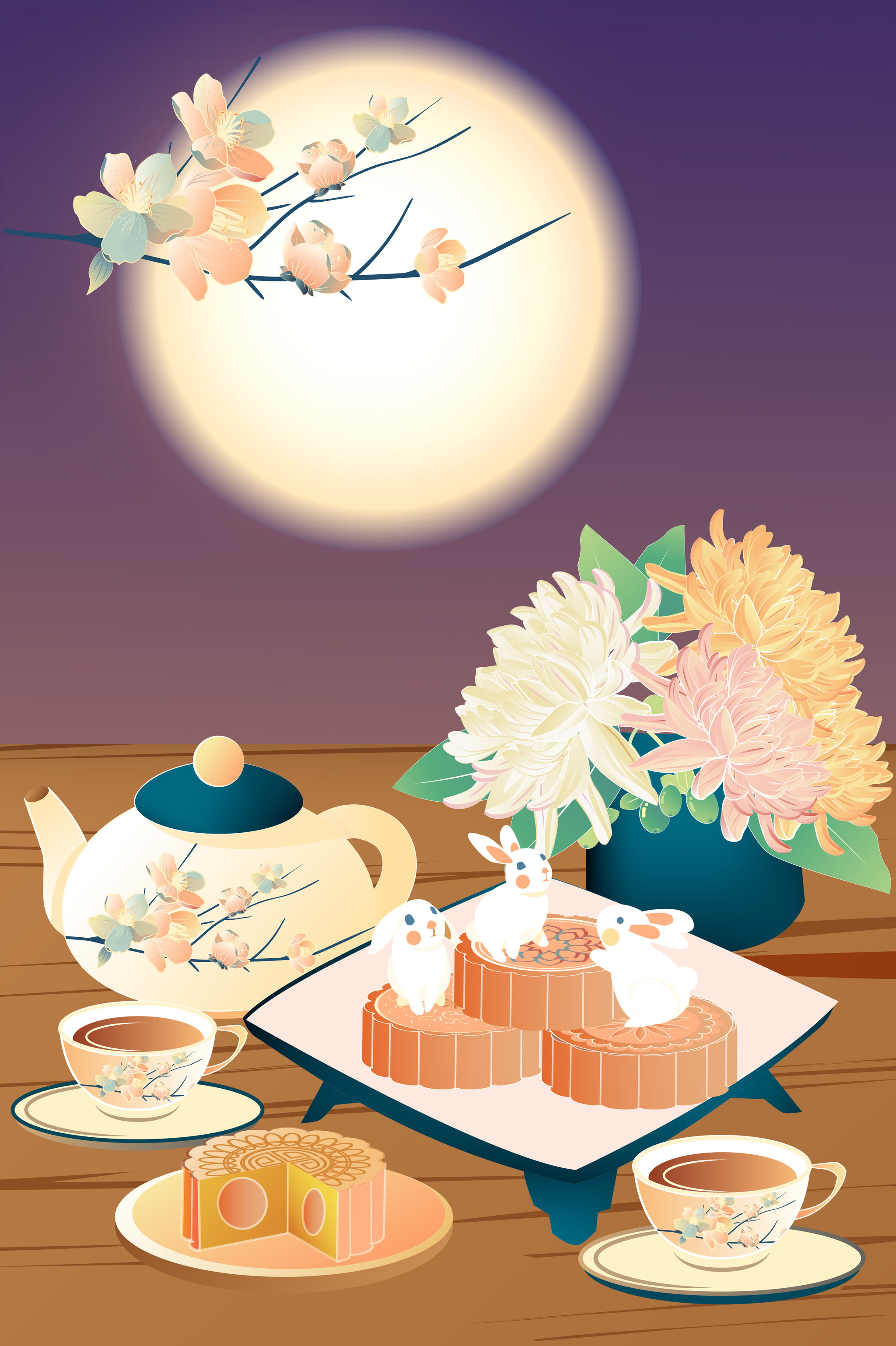 中秋节月饼和花茶国潮矢量插画