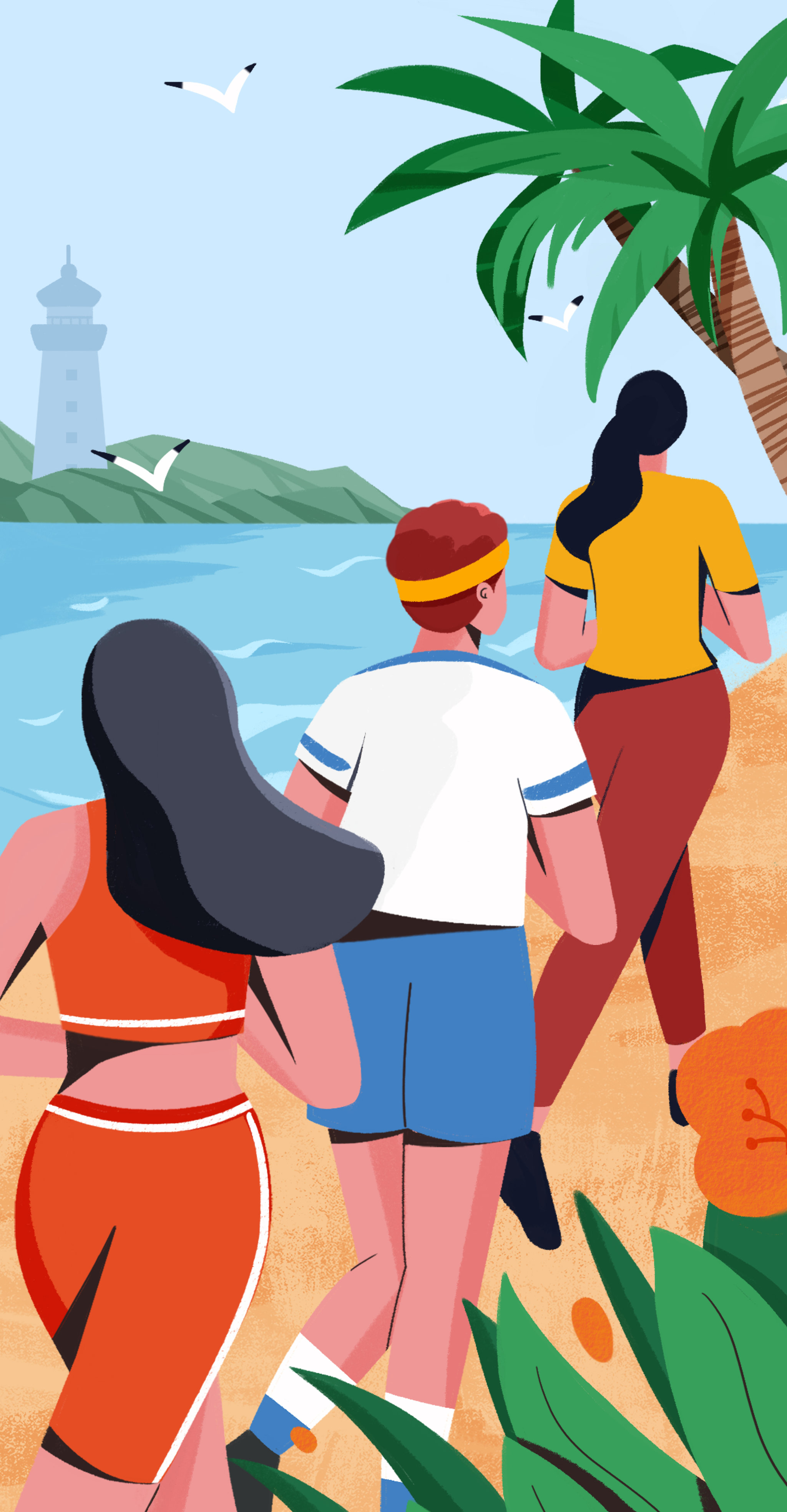 三个人白天在海滩跑步竖版