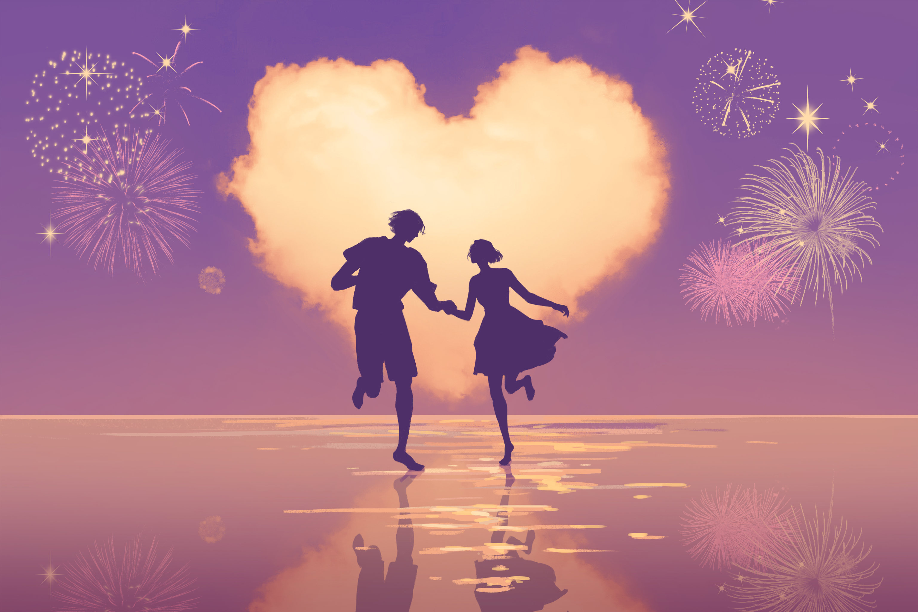 七夕情人节夜晚爱心云下牵手的情侣