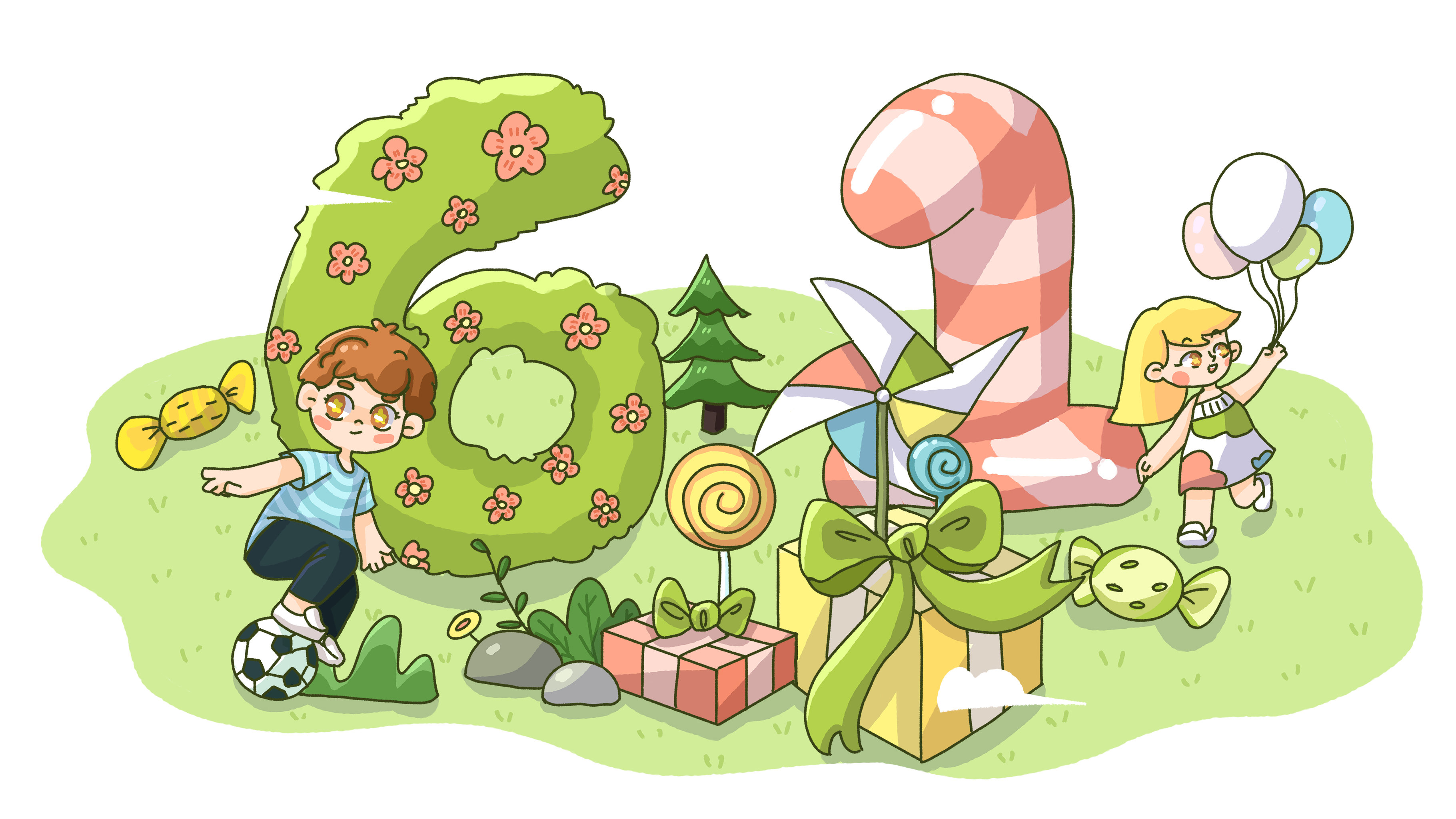 六一插画字体儿童节手绘元素