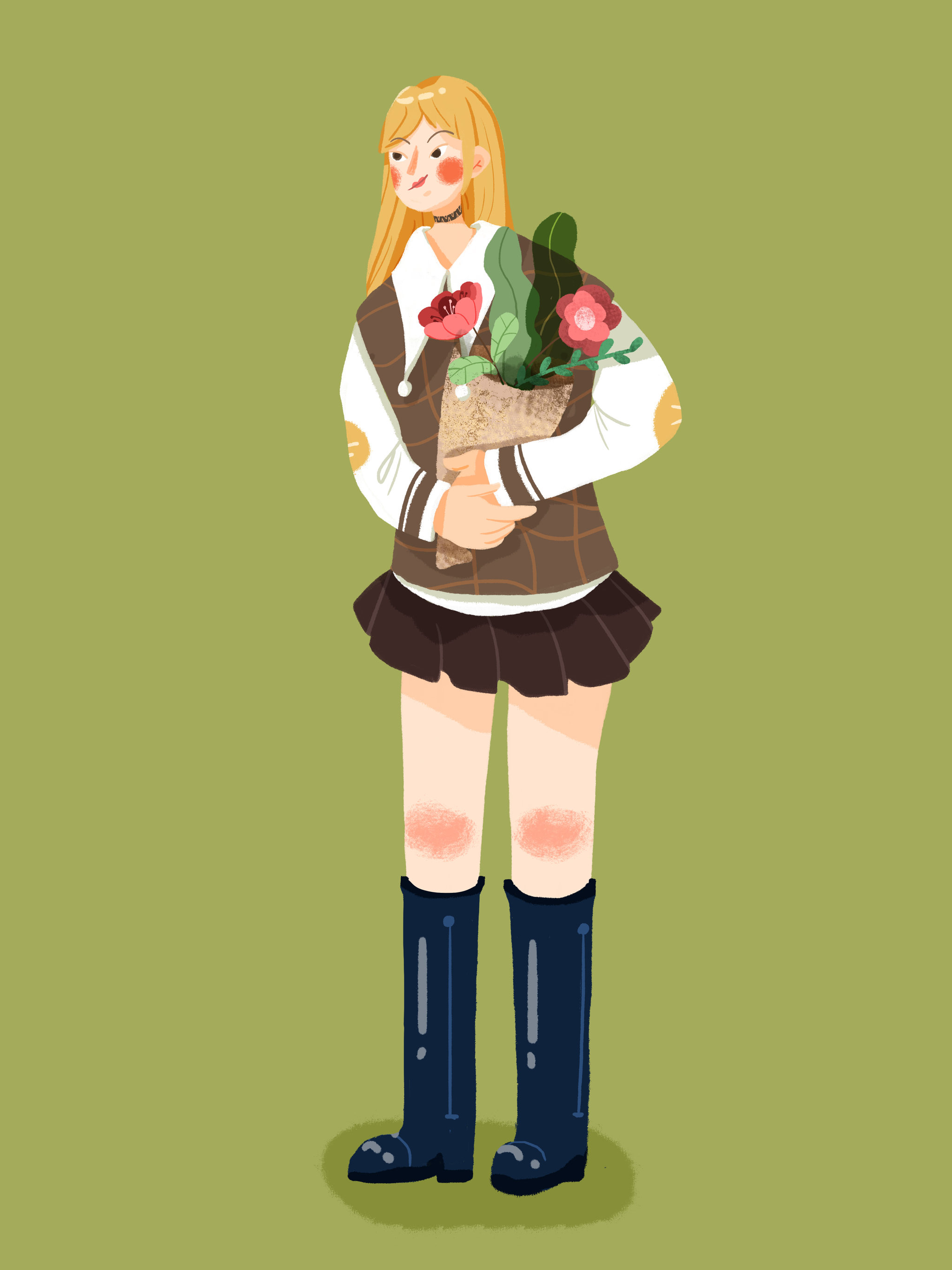 手捧花女孩插画