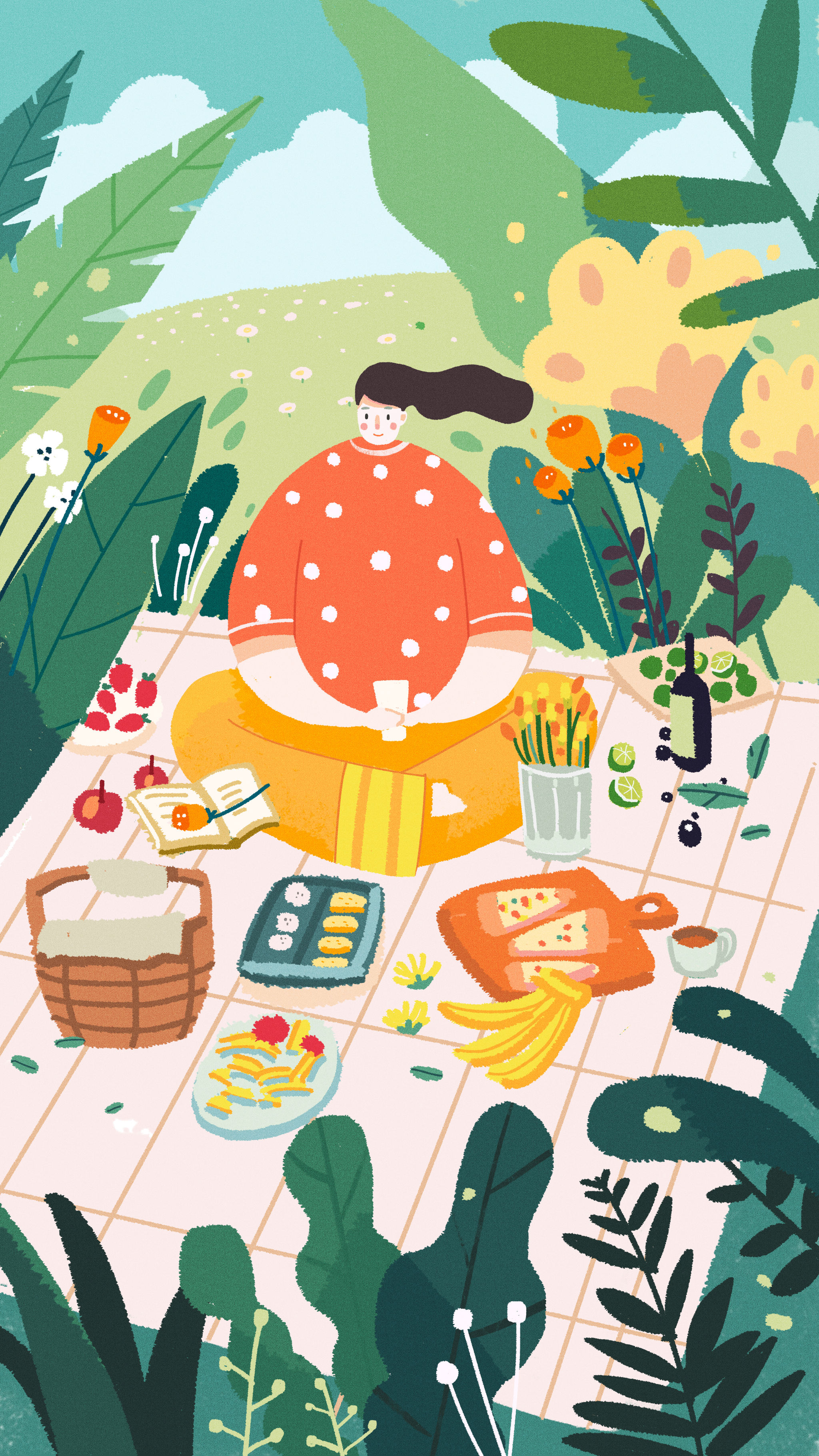 春天里户外野餐的女孩