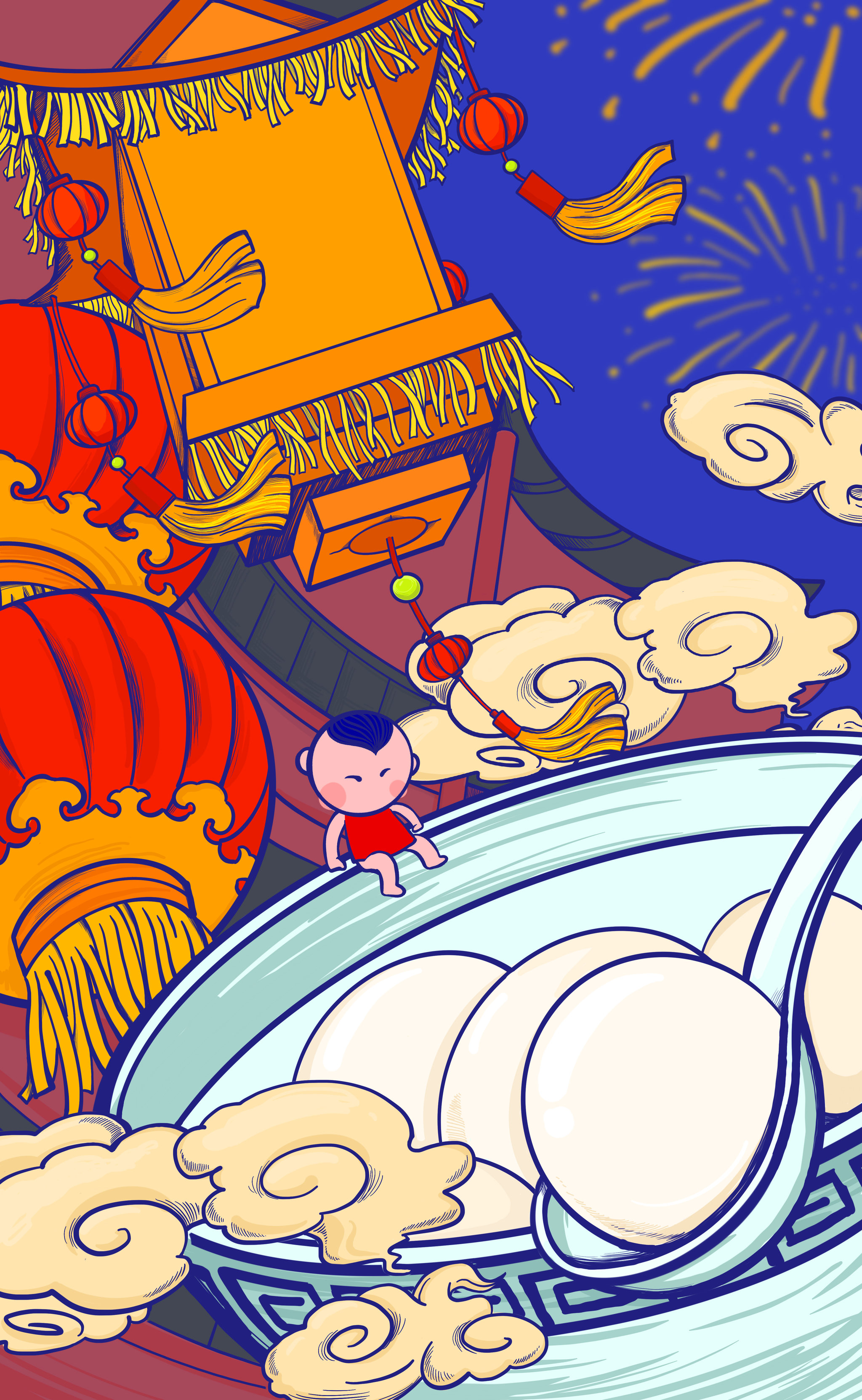 中国风手绘中国传统节日插画及印章