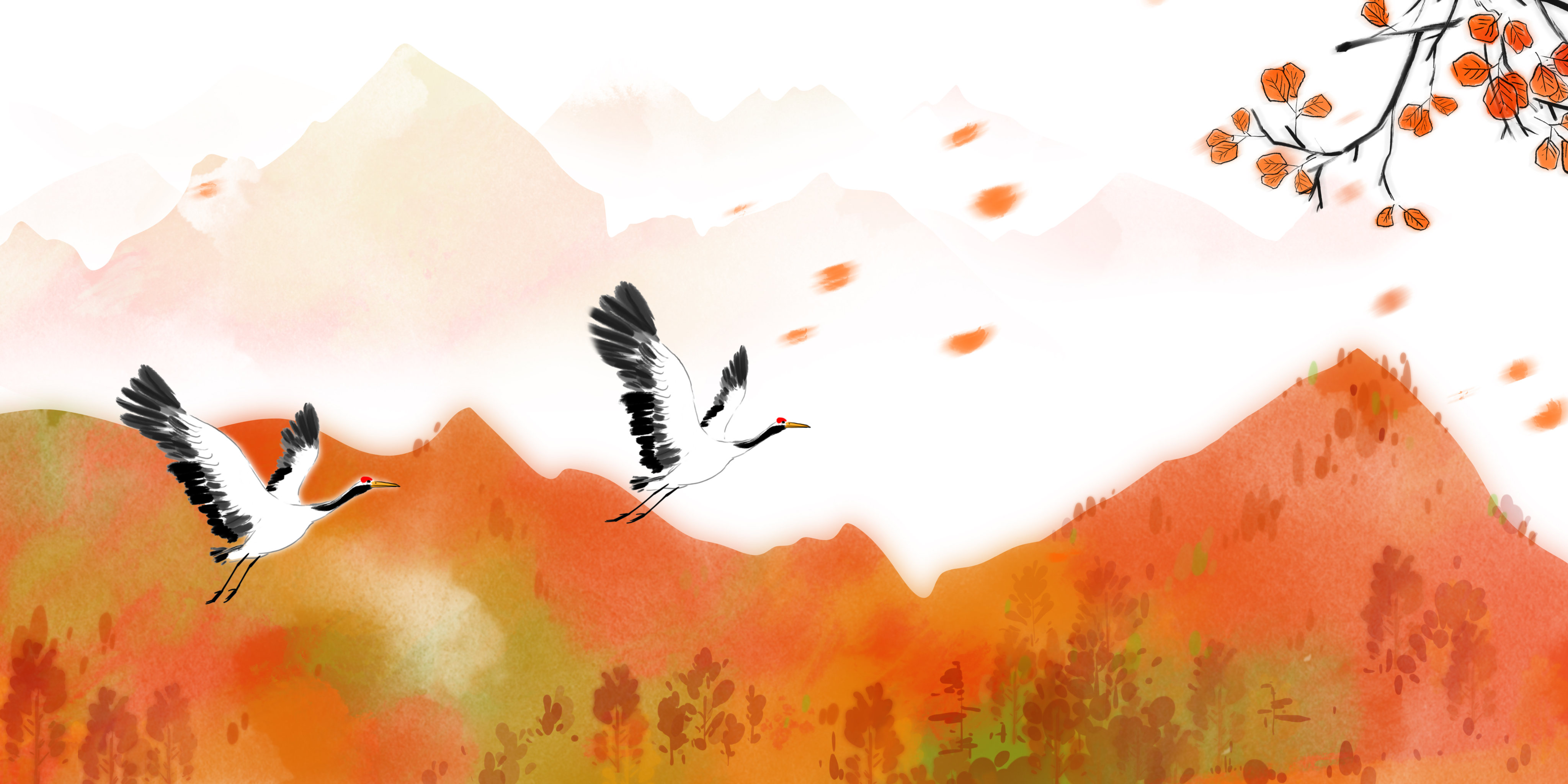 中国风水墨风格古典诗词意境插画秋季风景山水画