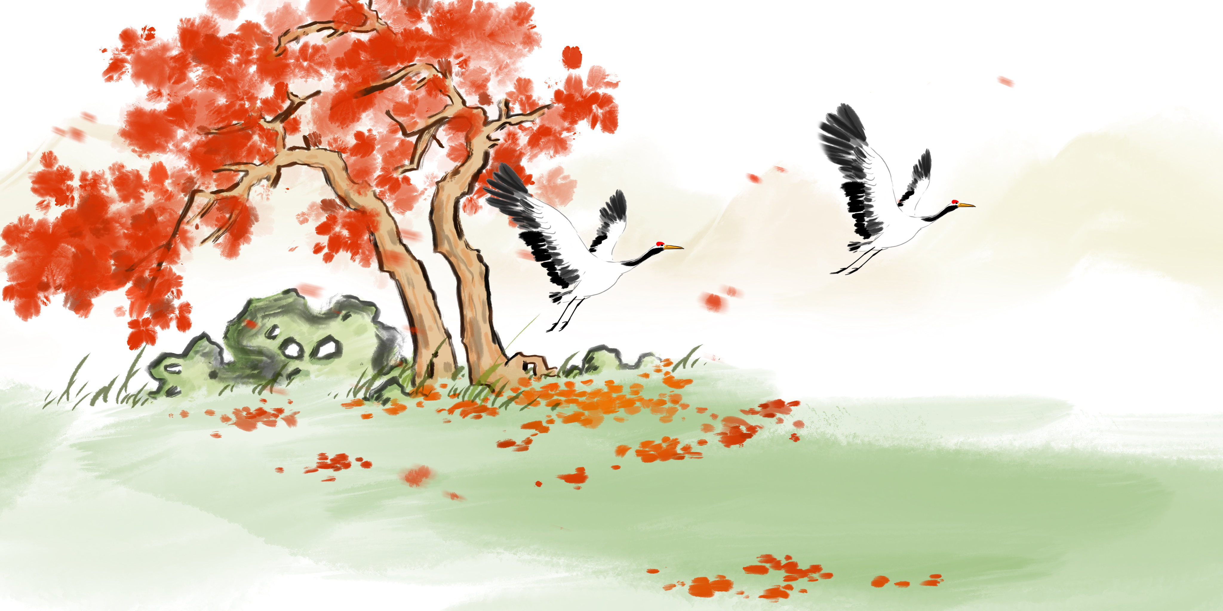 水墨意境插画秋季红叶仙鹤美景
